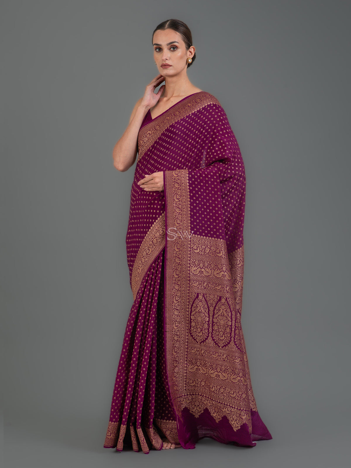 Dark Purple Booti Crepe Silk Handloom Banarasi Saree - Sacred Weaves