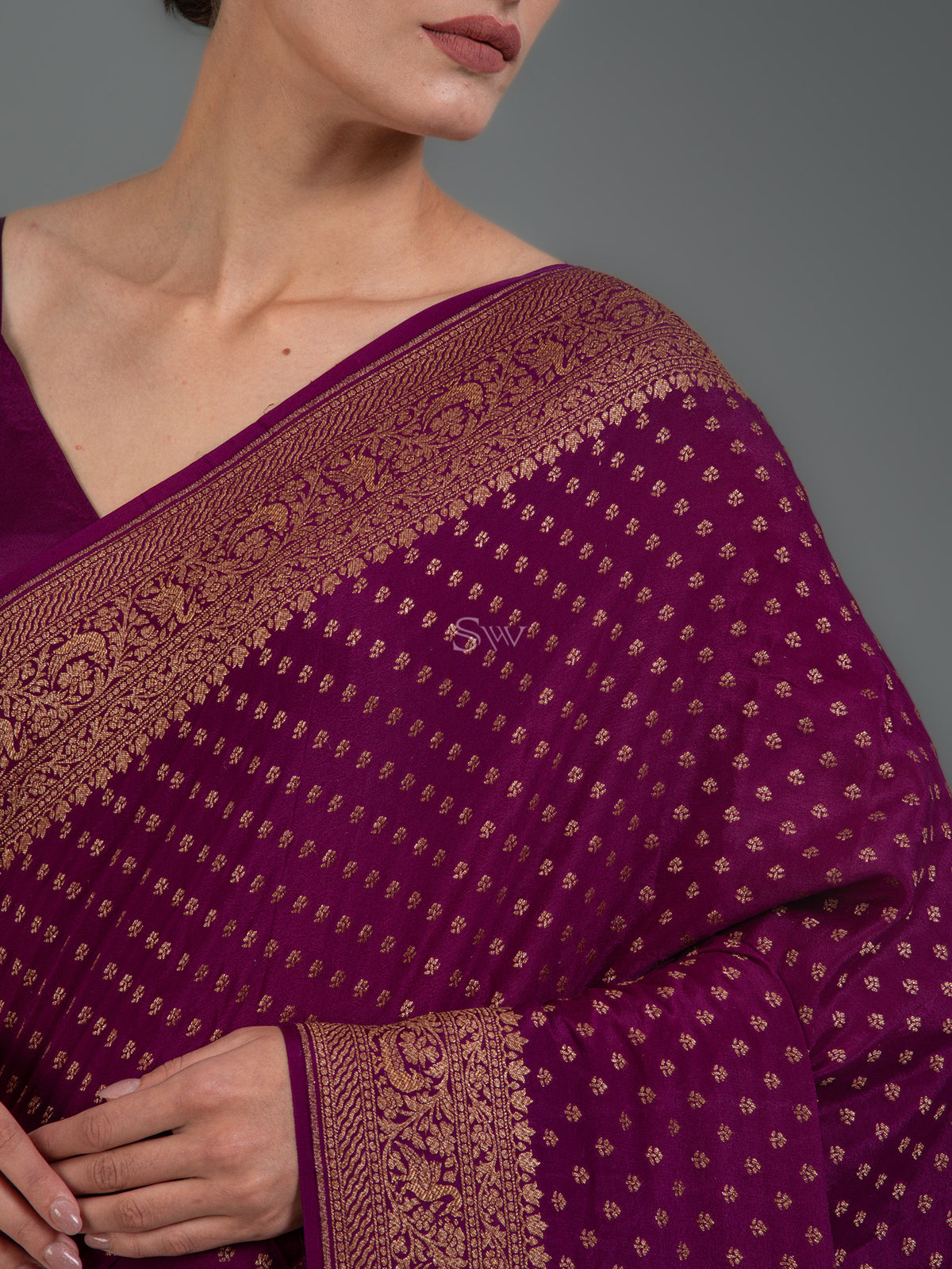 Dark Purple Booti Crepe Silk Handloom Banarasi Saree - Sacred Weaves