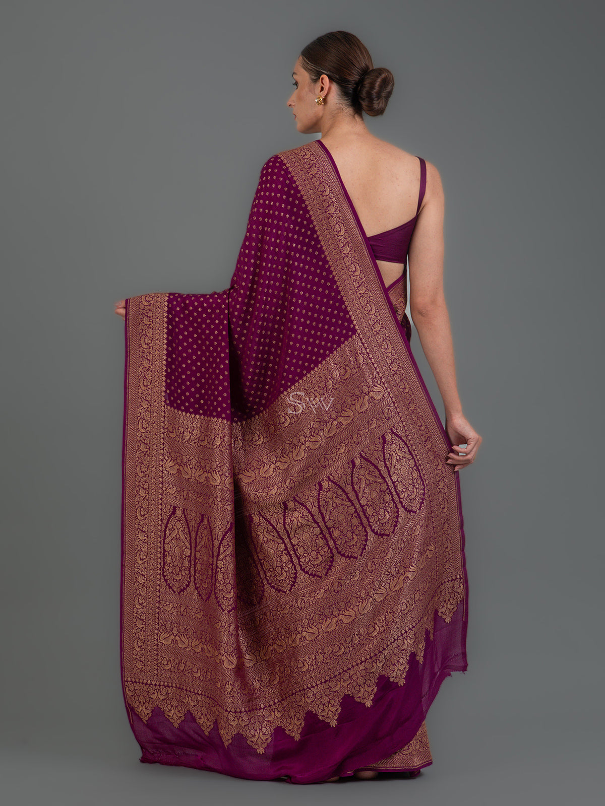 Dark Purple Booti Crepe Silk Handloom Banarasi Saree - Sacred Weaves