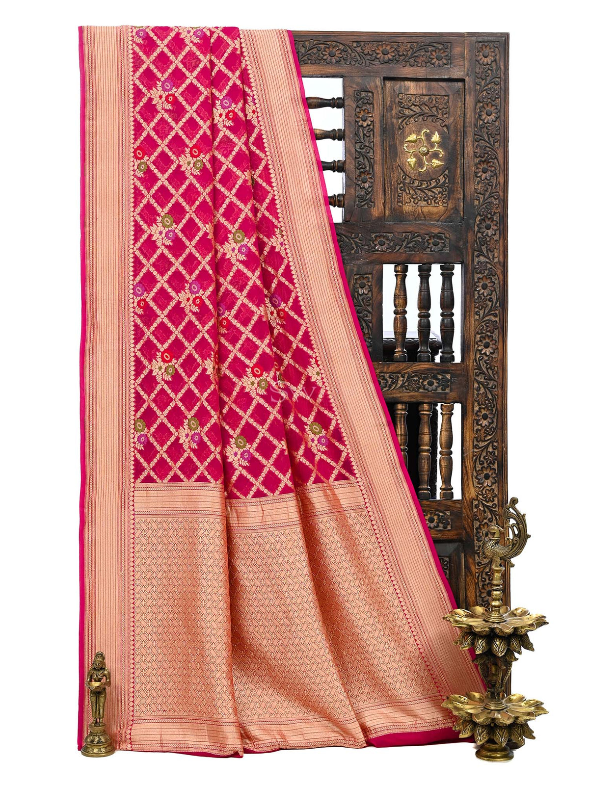 Dark Pink Meenakari Jaal Khaddi Georgette Handloom Banarasi Saree