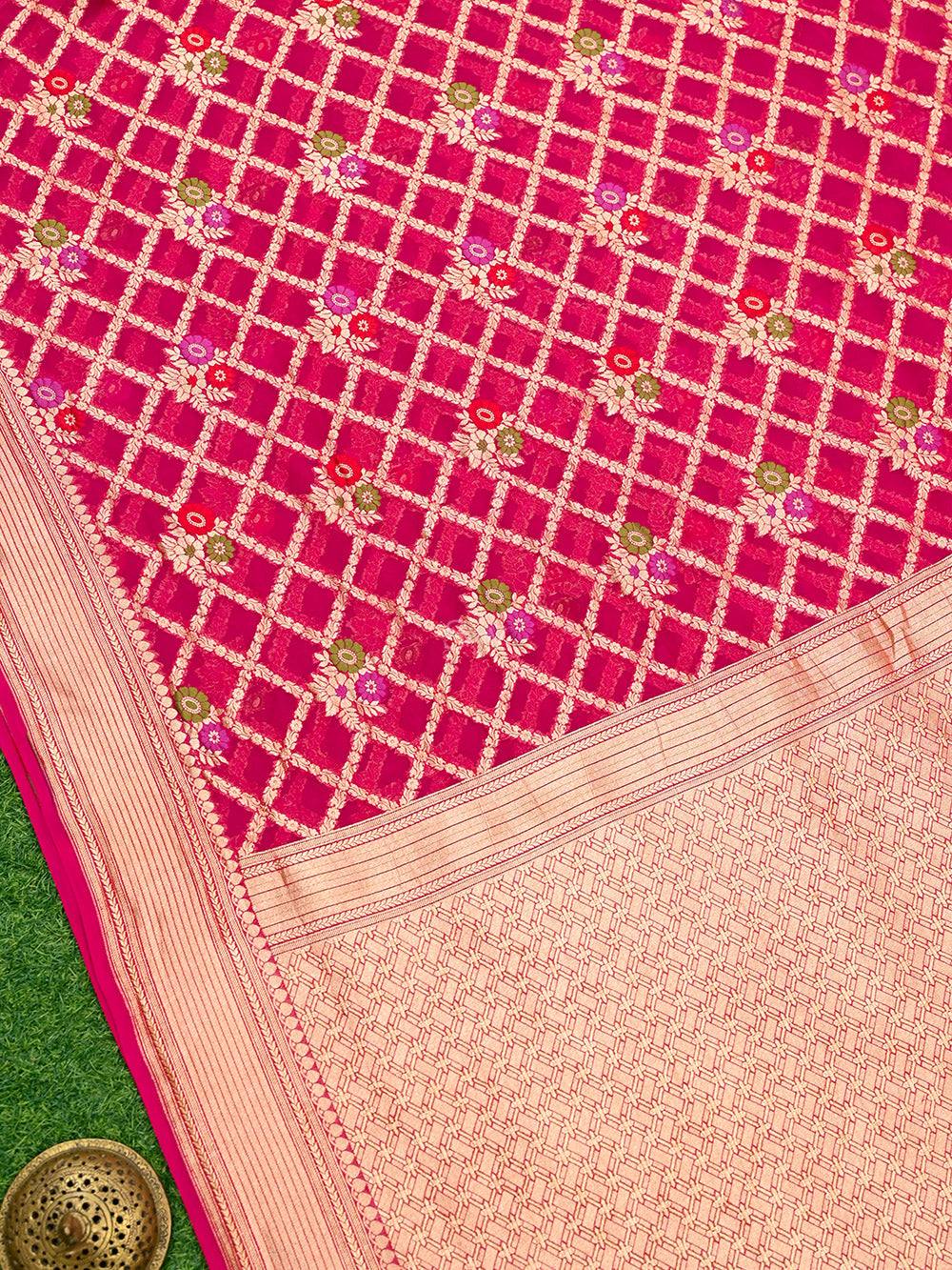 Dark Pink Meenakari Jaal Khaddi Georgette Handloom Banarasi Saree