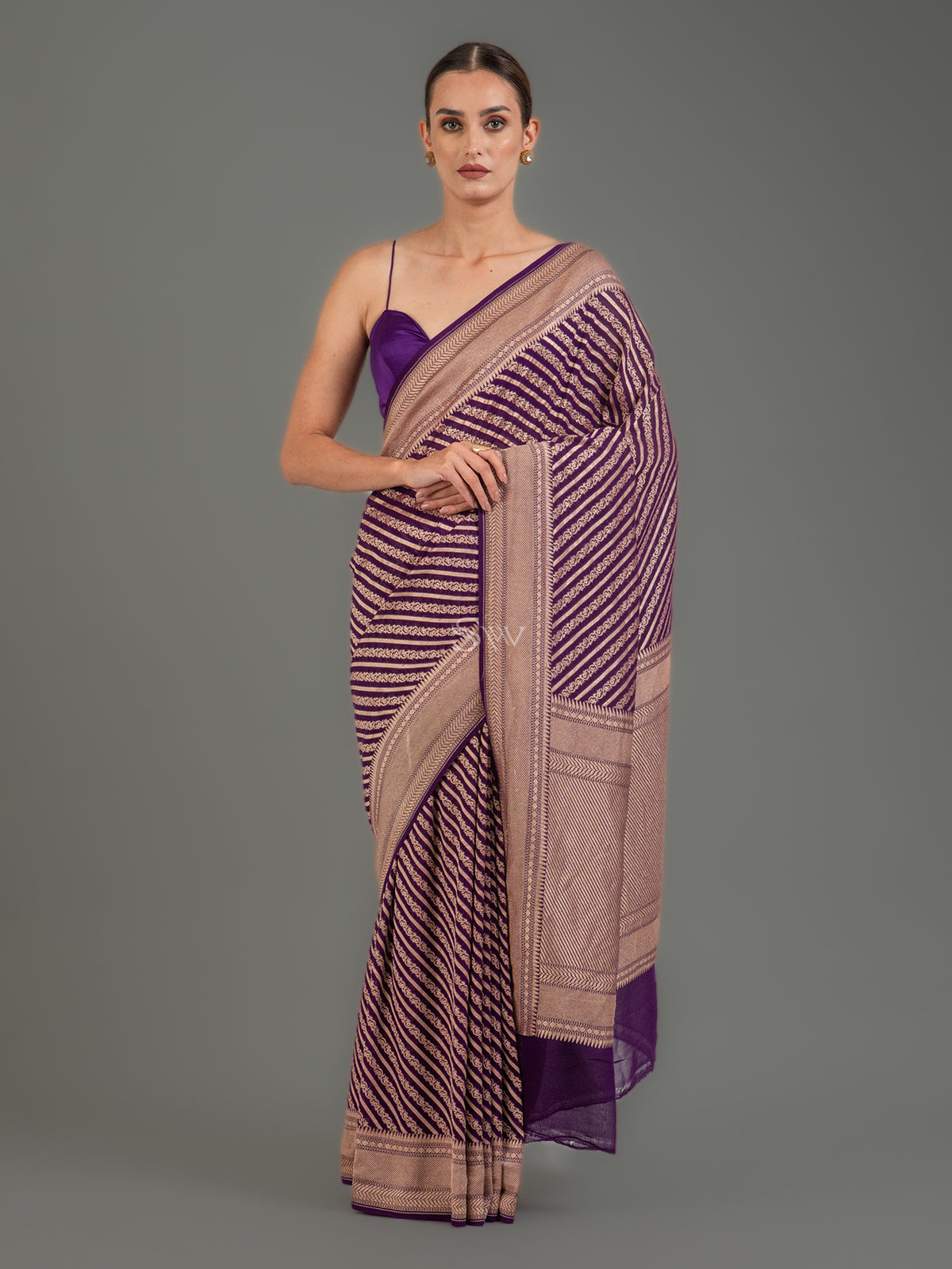 Purple Stripe Khaddi Georgette Handloom Banarasi Saree - Sacred Weaves