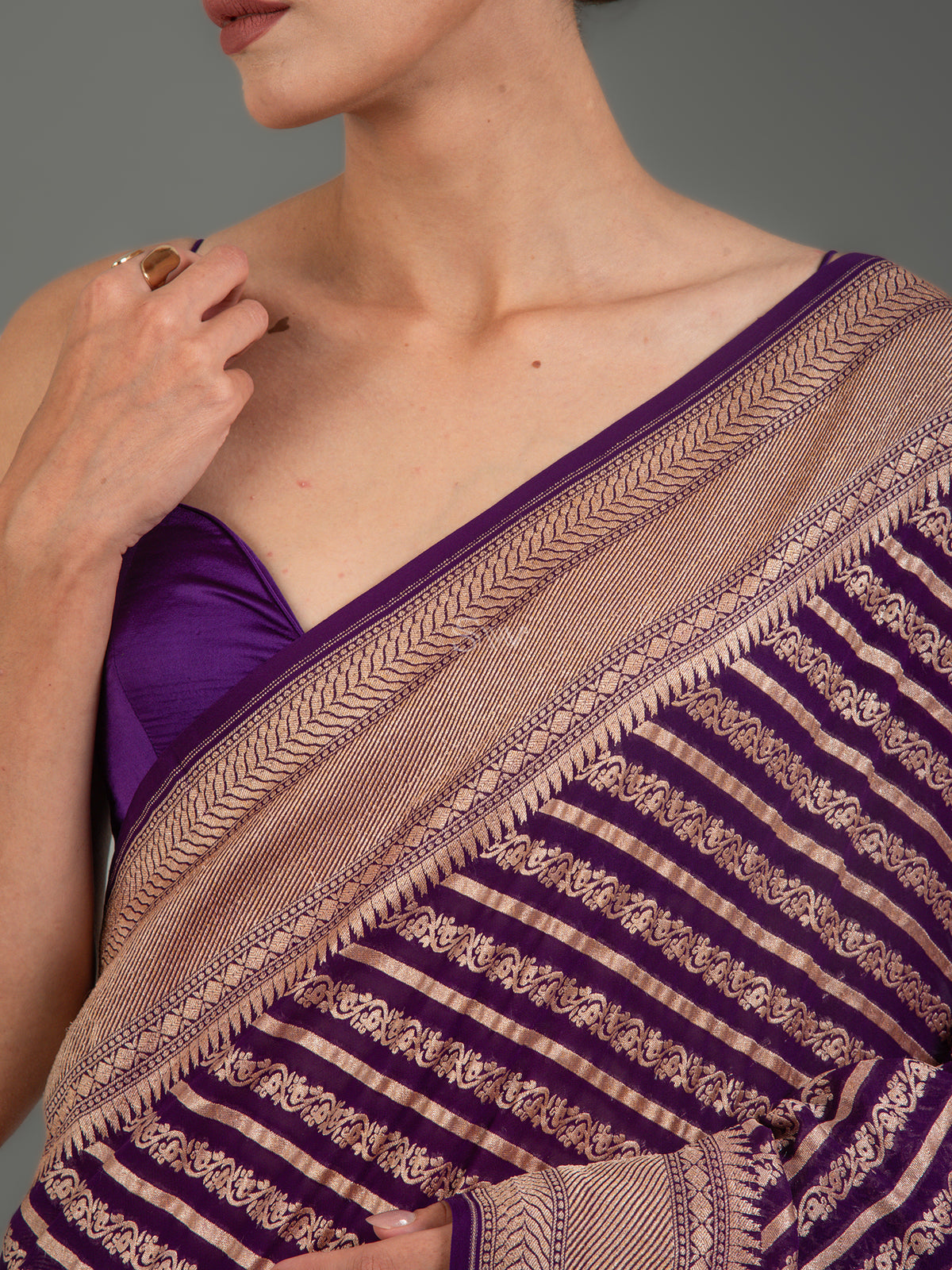 Purple Stripe Khaddi Georgette Handloom Banarasi Saree - Sacred Weaves