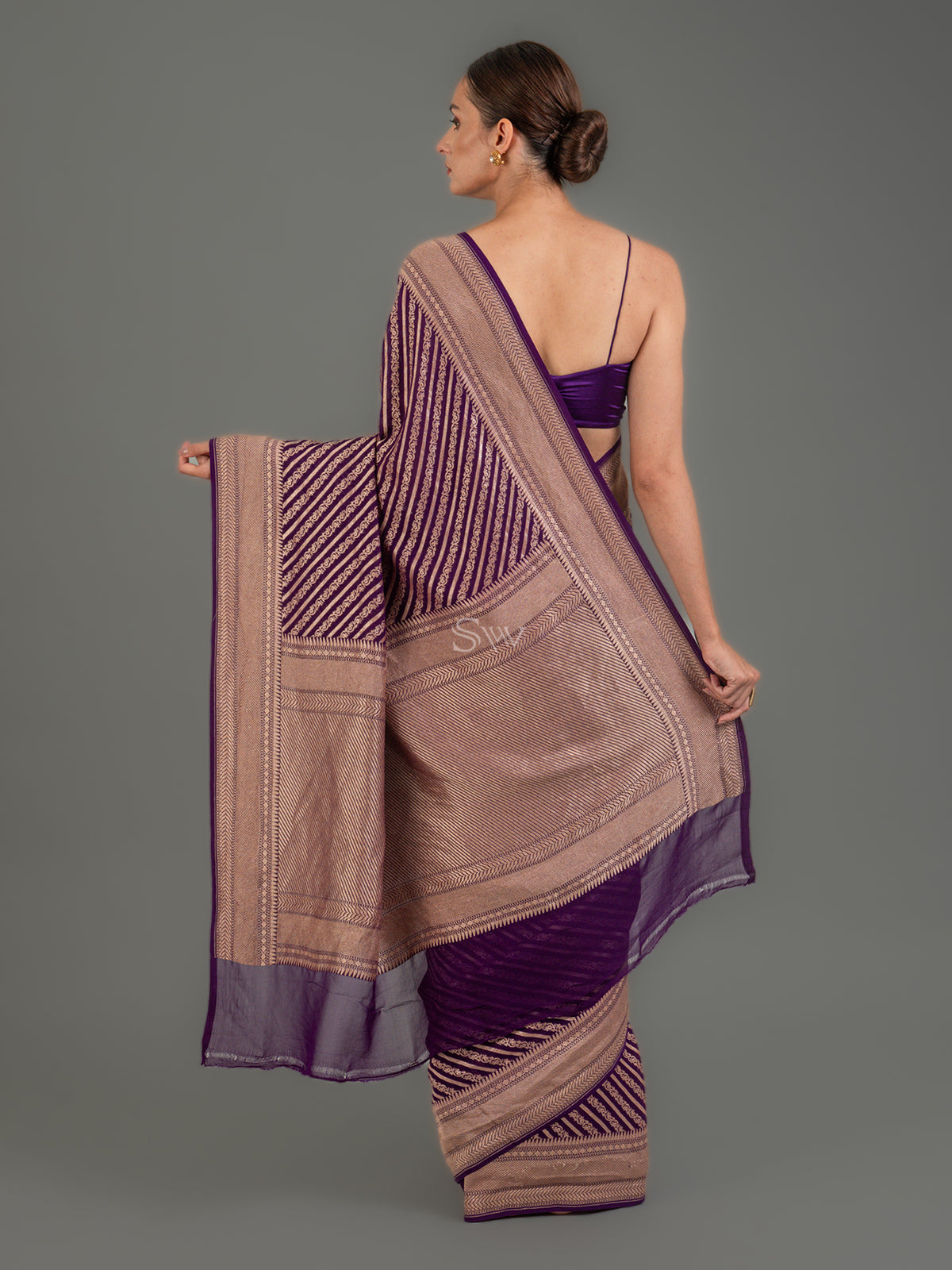 Purple Stripe Khaddi Georgette Handloom Banarasi Saree - Sacred Weaves