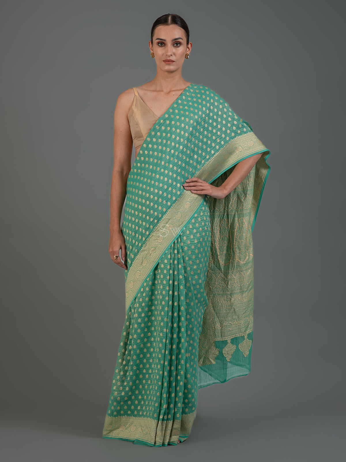 Sea Green Crush Tissue Silk Handloom Banarasi Saree - Sacred Weaves