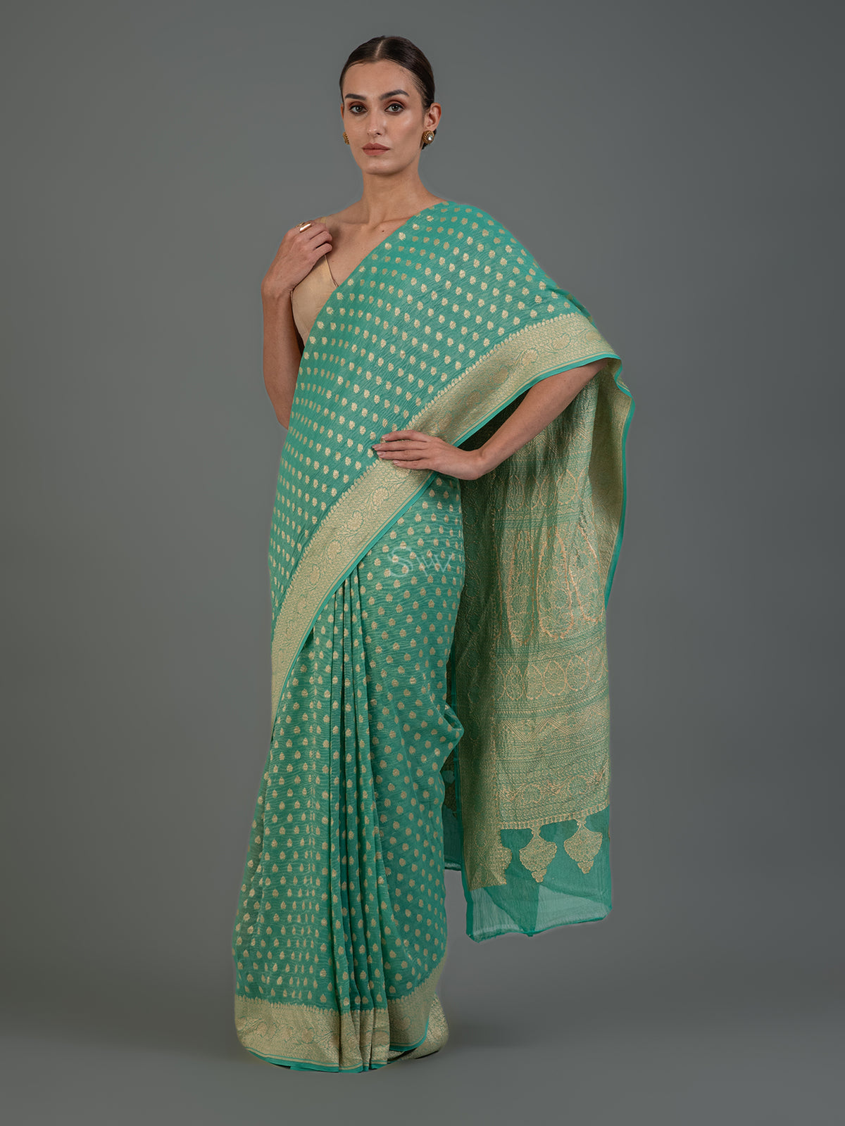 Sea Green Crush Tissue Silk Handloom Banarasi Saree - Sacred Weaves