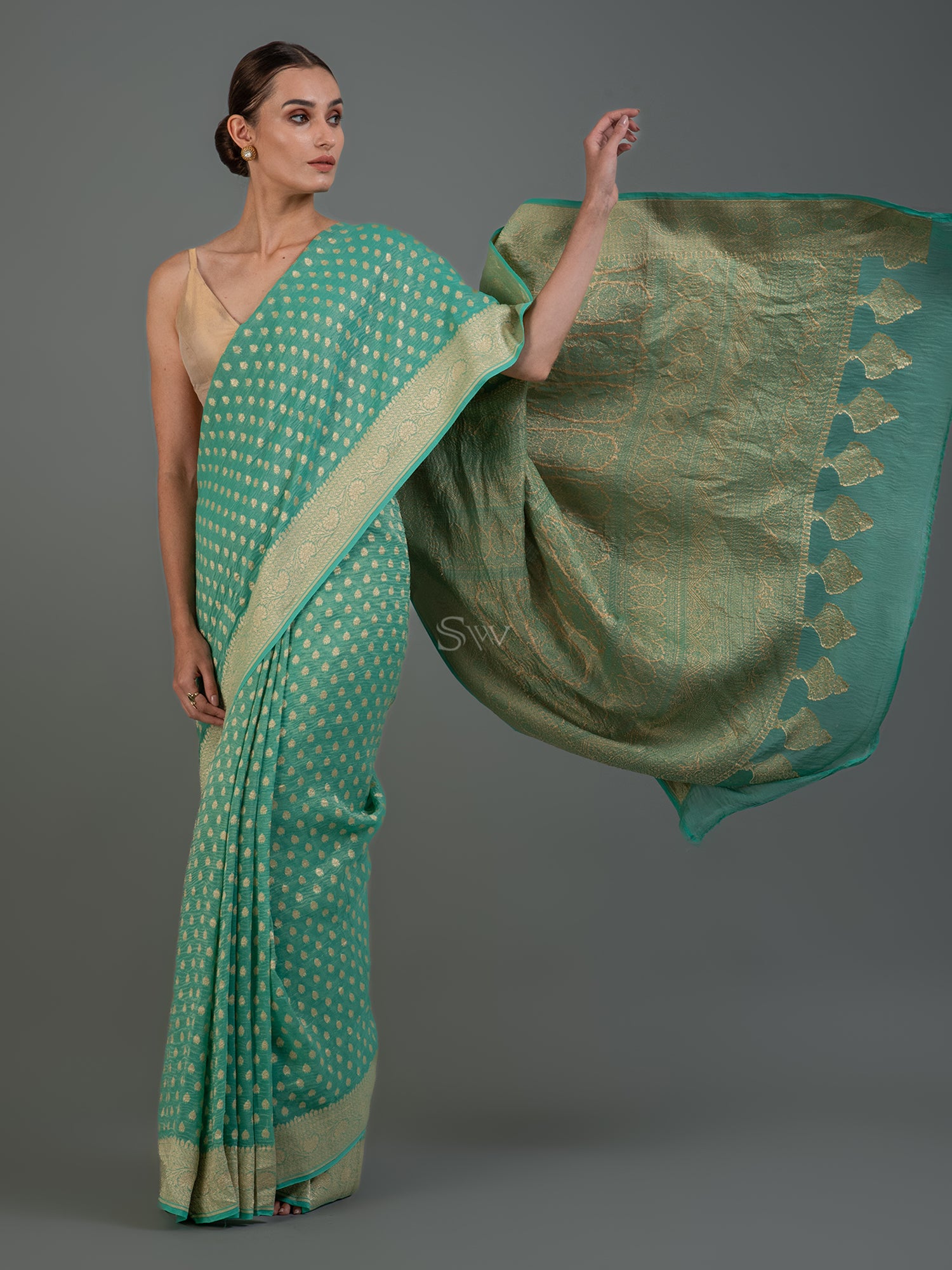 Sea Green Crush Tissue Silk Handloom Banarasi Saree - Sacred Weaves