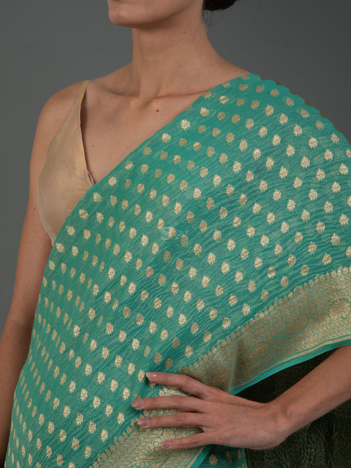 Sea Green Crush Tissue Silk Handloom Banarasi Saree - Sacred Weaves