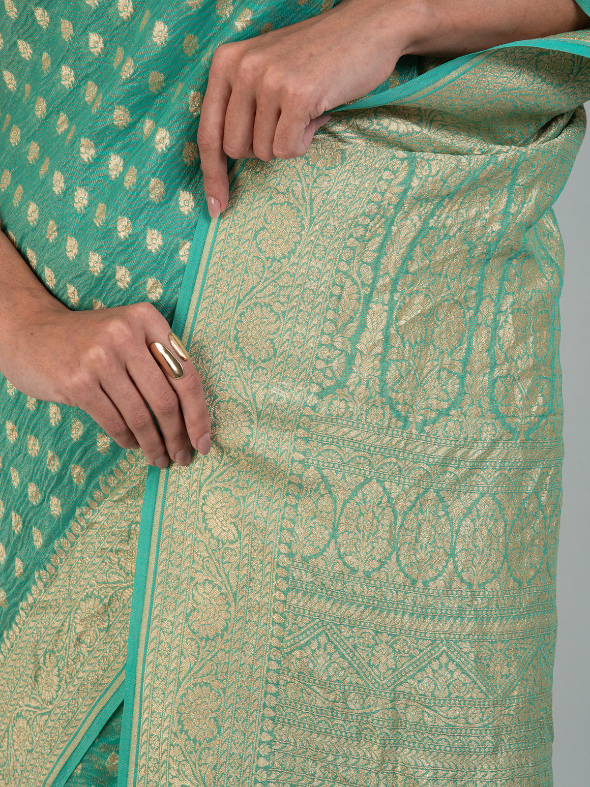 Sea Green Crush Tissue Silk Handloom Banarasi Saree - Sacred Weaves