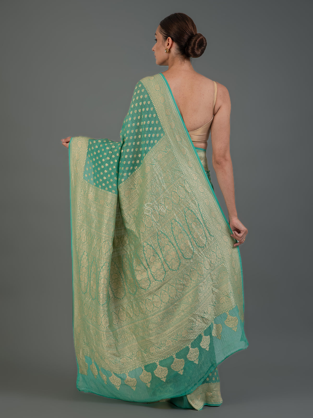 Sea Green Crush Tissue Silk Handloom Banarasi Saree - Sacred Weaves