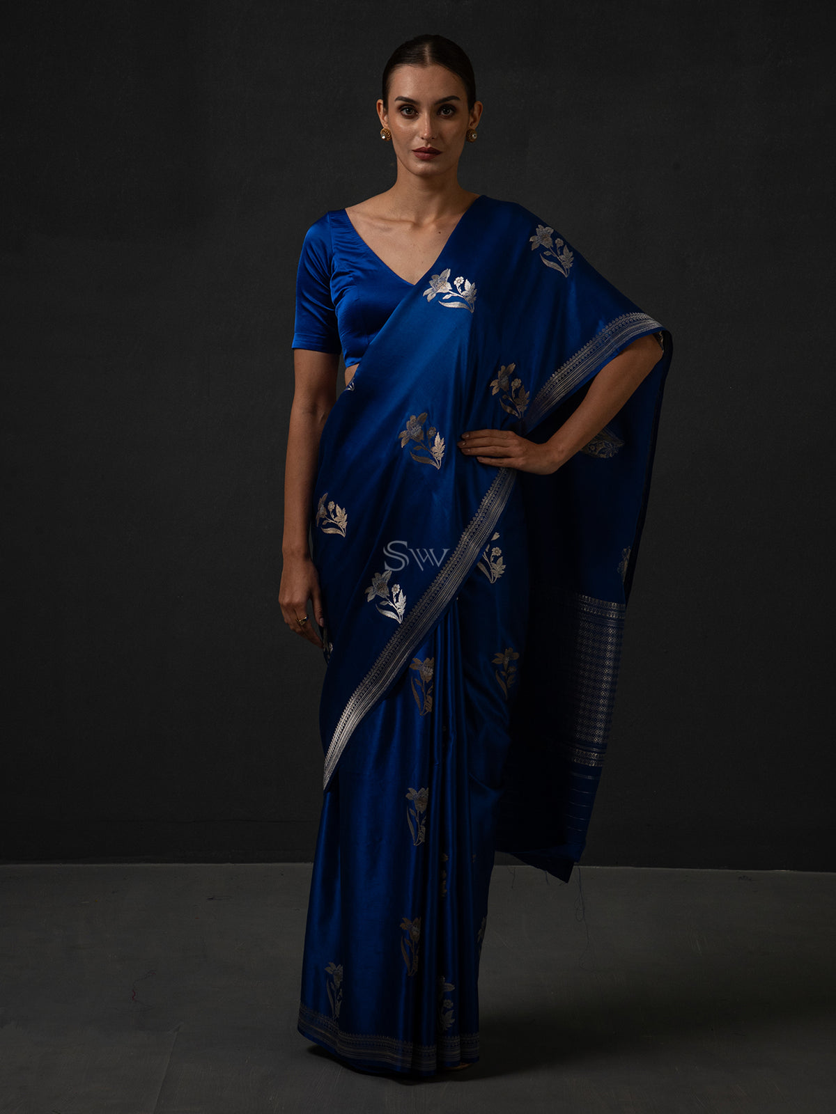 Royal Blue Boota Satin Silk Handloom Banarasi Saree - Sacred Weaves