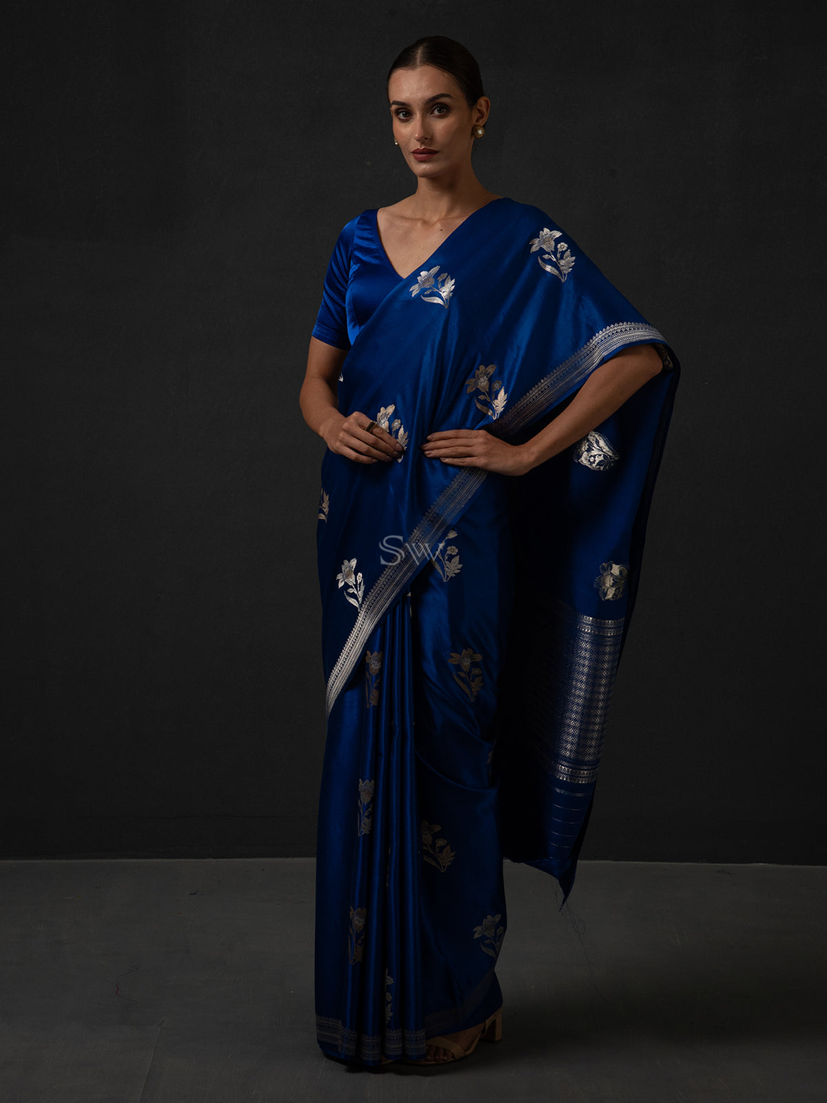 Royal Blue Boota Satin Silk Handloom Banarasi Saree - Sacred Weaves