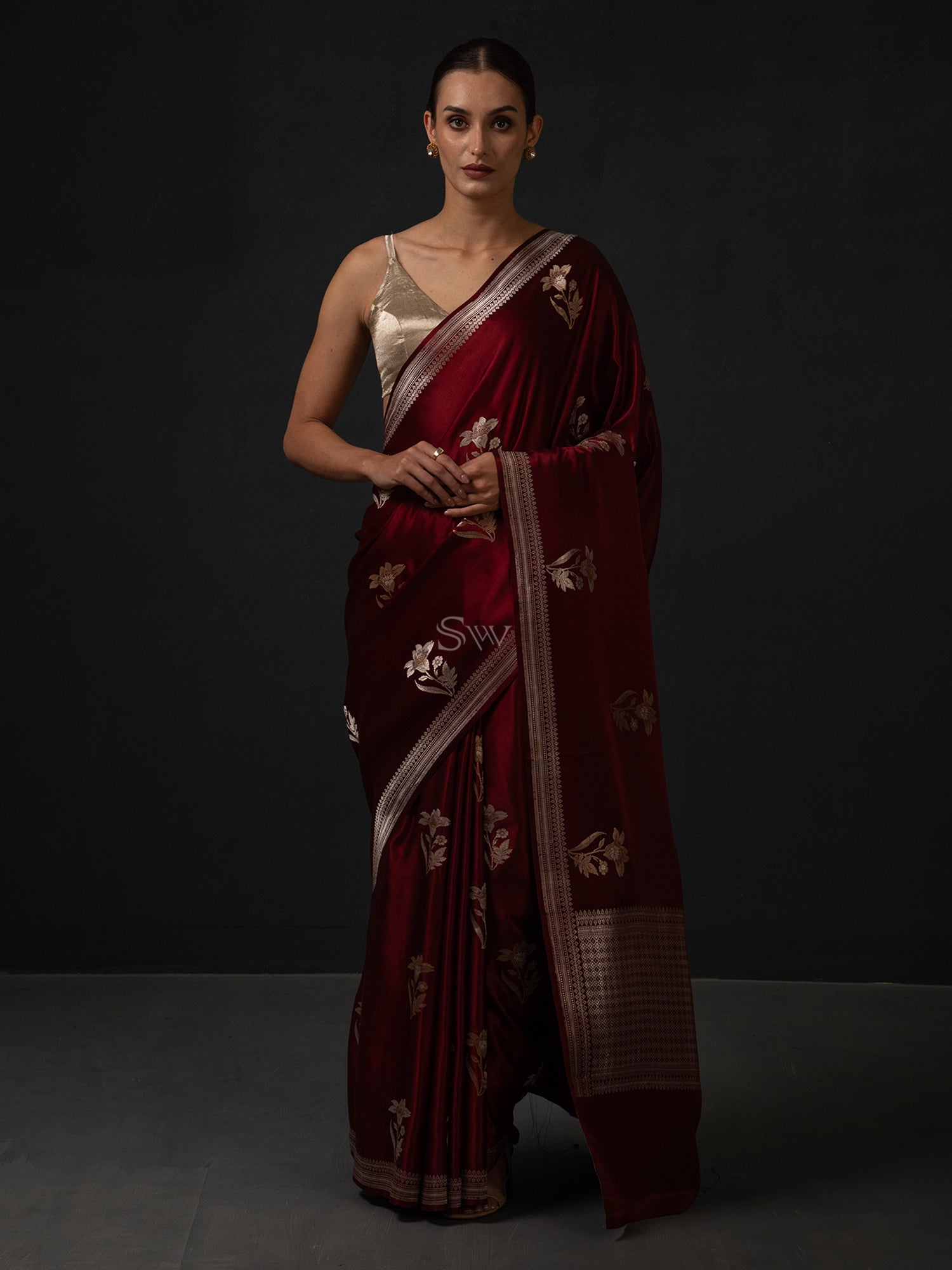 Brown Boota Satin Silk Handloom Banarasi Saree - Sacred Weaves