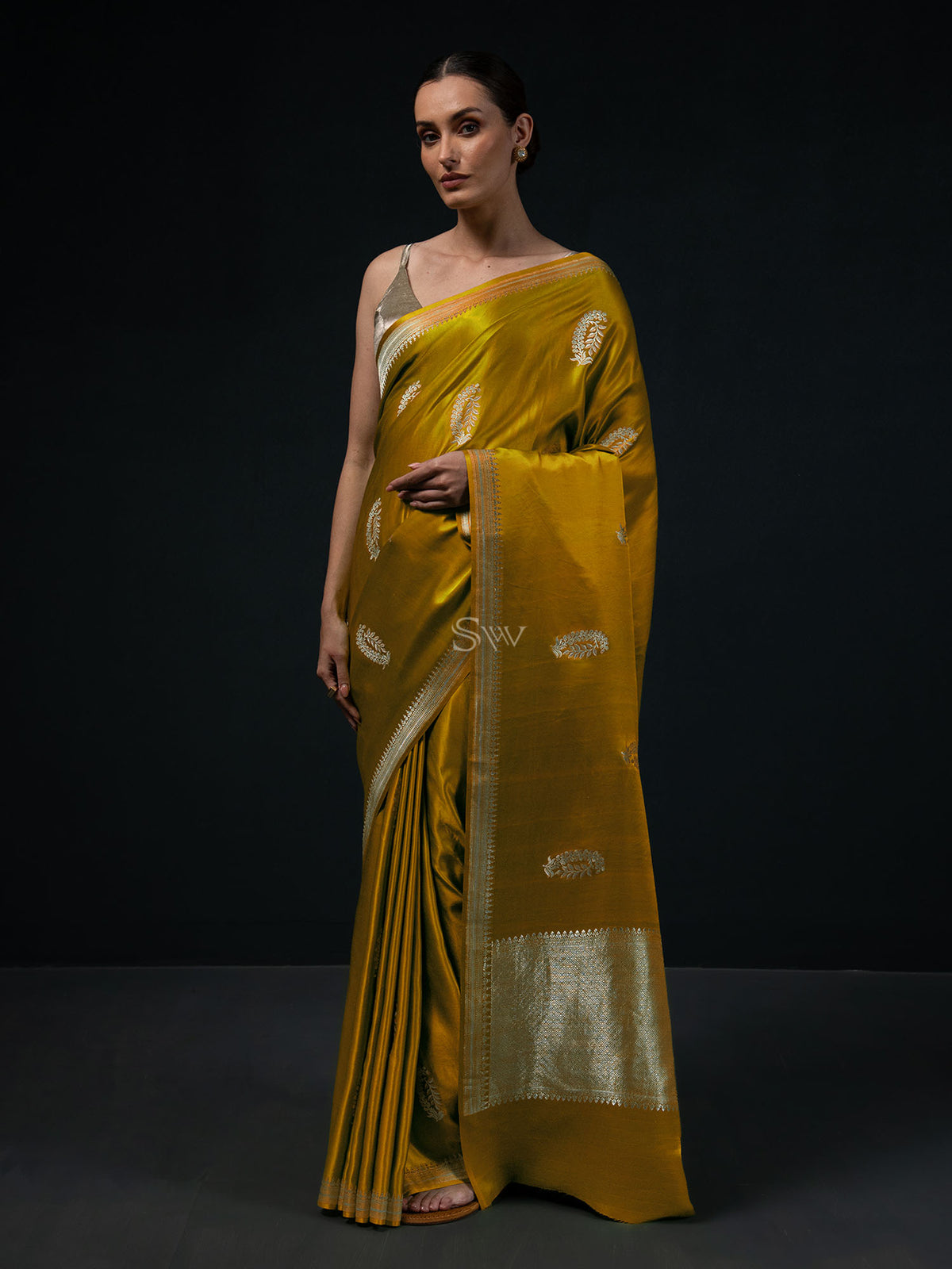 Lime Yellow Boota Satin Silk Handloom Banarasi Saree - Sacred Weaves