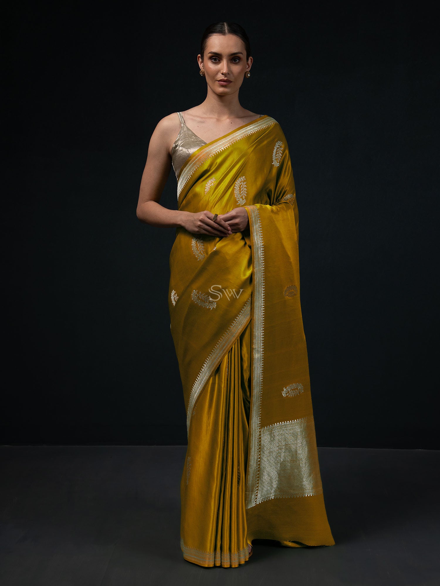 Lime Yellow Boota Satin Silk Handloom Banarasi Saree - Sacred Weaves