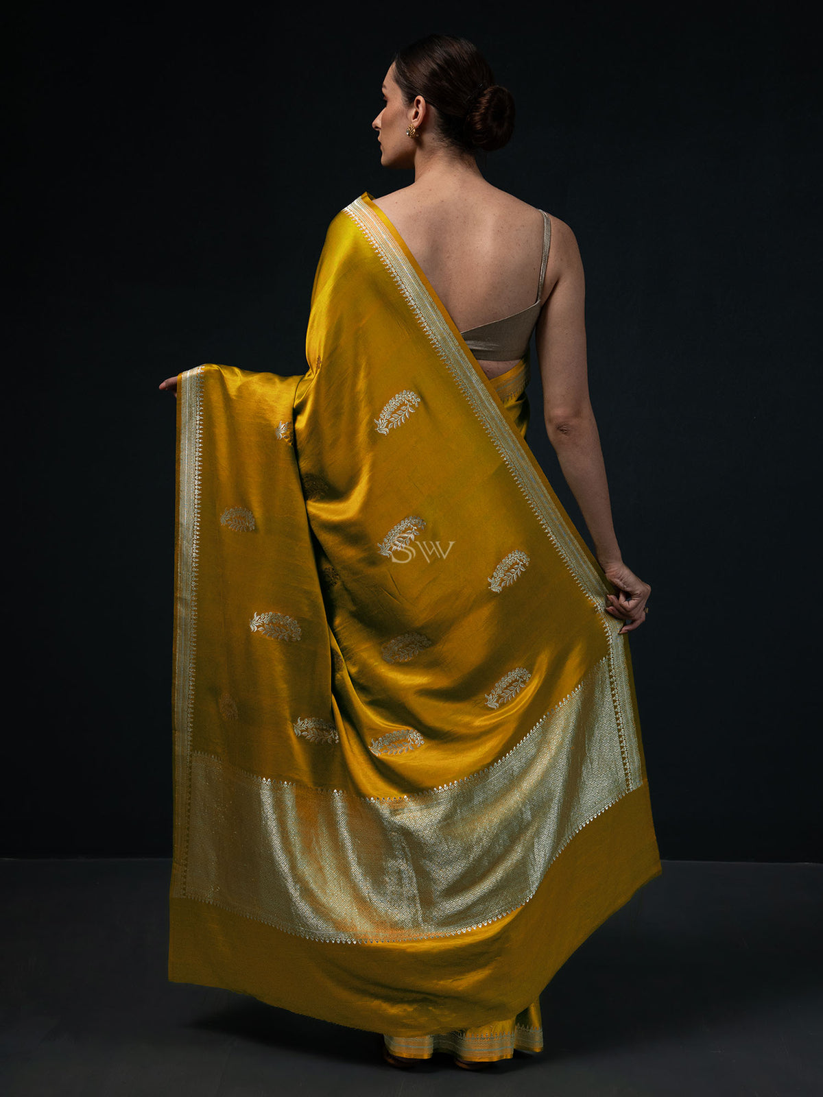 Lime Yellow Boota Satin Silk Handloom Banarasi Saree - Sacred Weaves