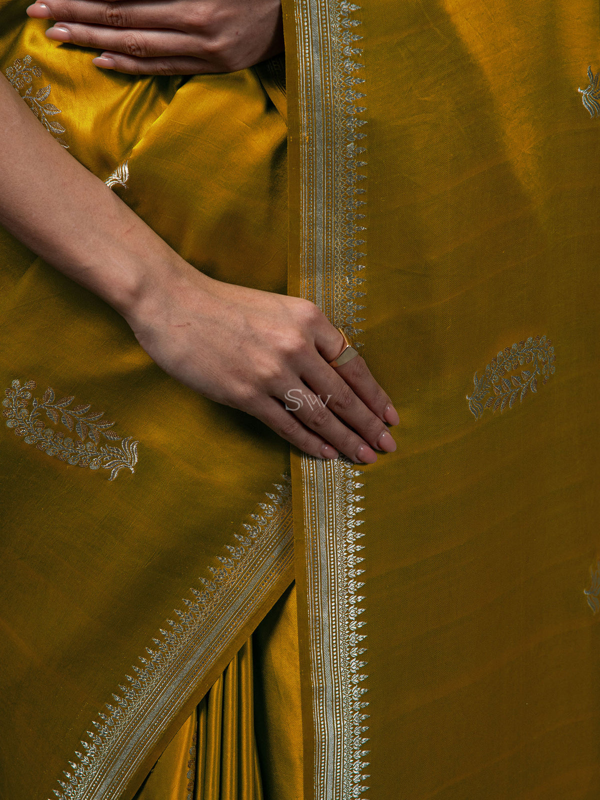 Lime Yellow Boota Satin Silk Handloom Banarasi Saree - Sacred Weaves