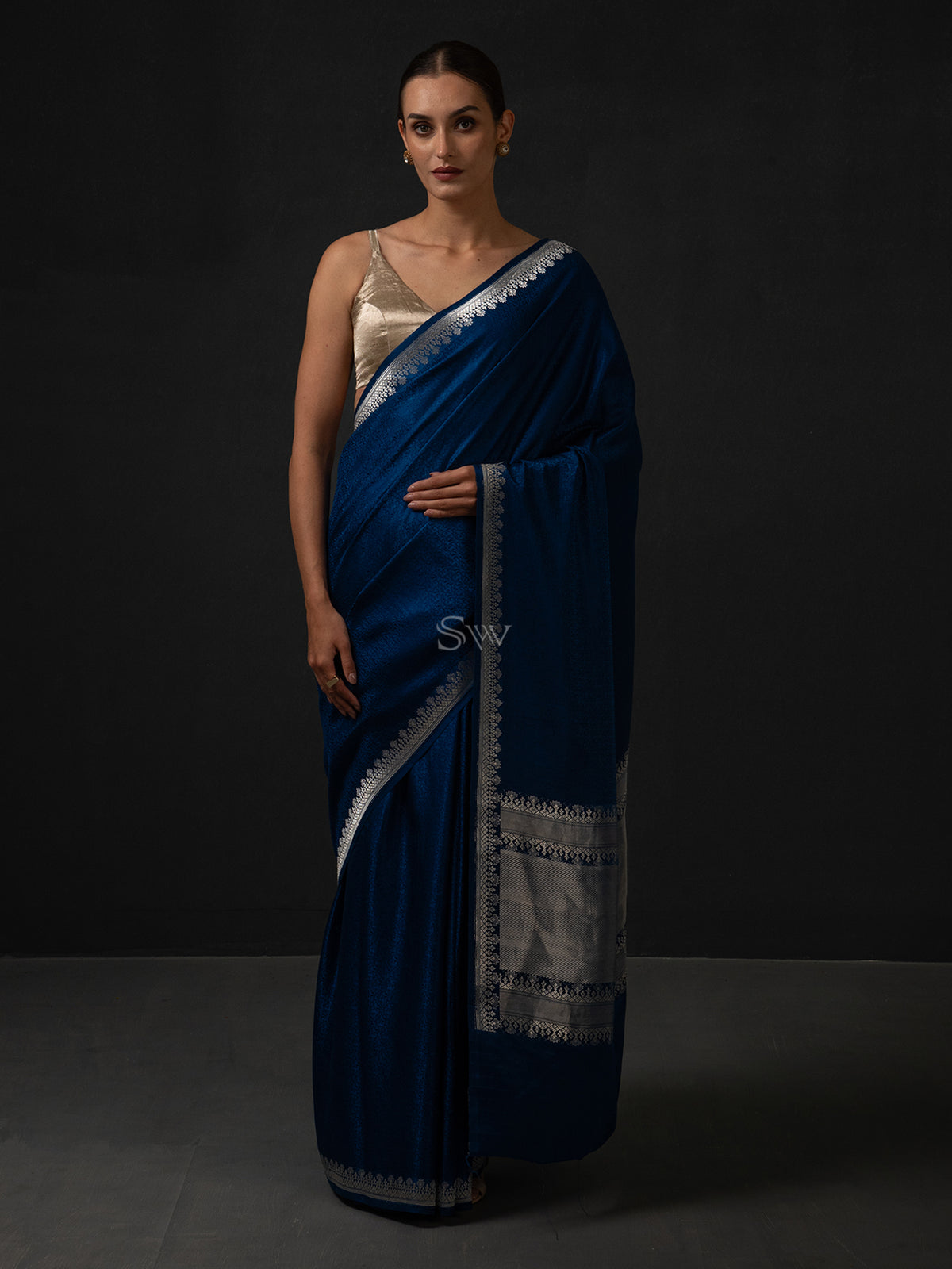 Midnight Blue Satin Tanchoi Handloom Banarasi Saree - Sacred Weaves