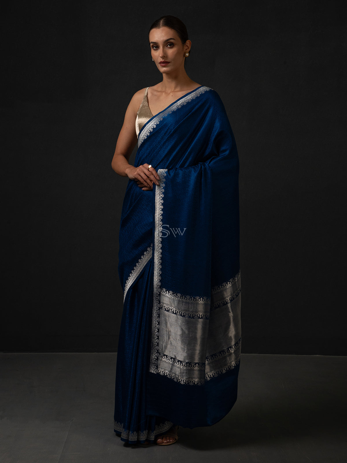 Midnight Blue Satin Tanchoi Handloom Banarasi Saree - Sacred Weaves