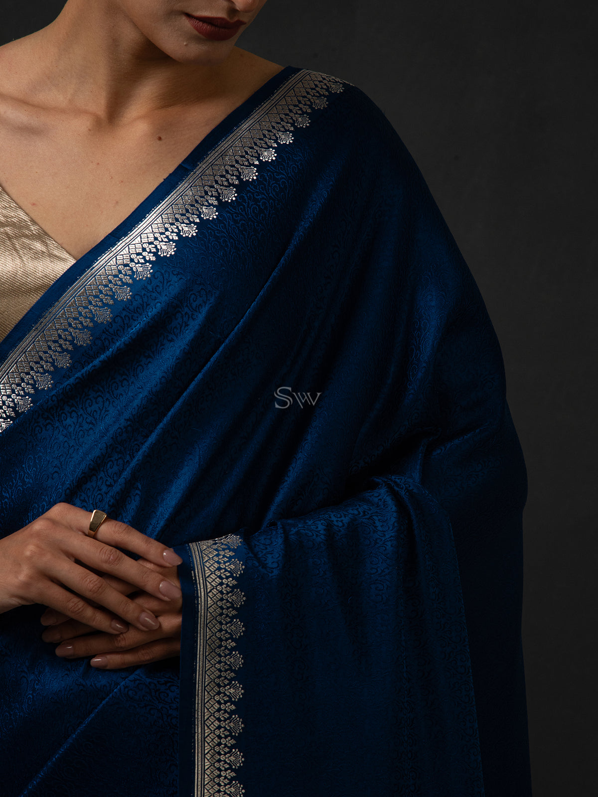 Midnight Blue Satin Tanchoi Handloom Banarasi Saree - Sacred Weaves