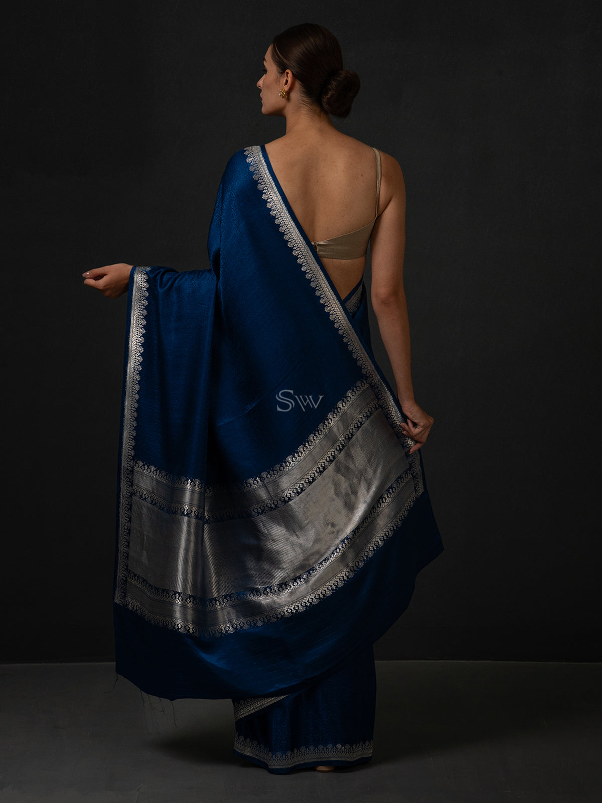 Midnight Blue Satin Tanchoi Handloom Banarasi Saree - Sacred Weaves