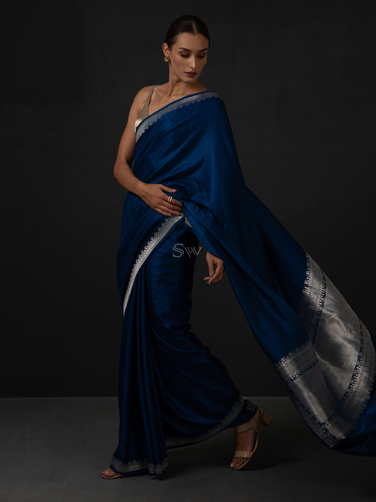 Midnight Blue Satin Tanchoi Handloom Banarasi Saree - Sacred Weaves