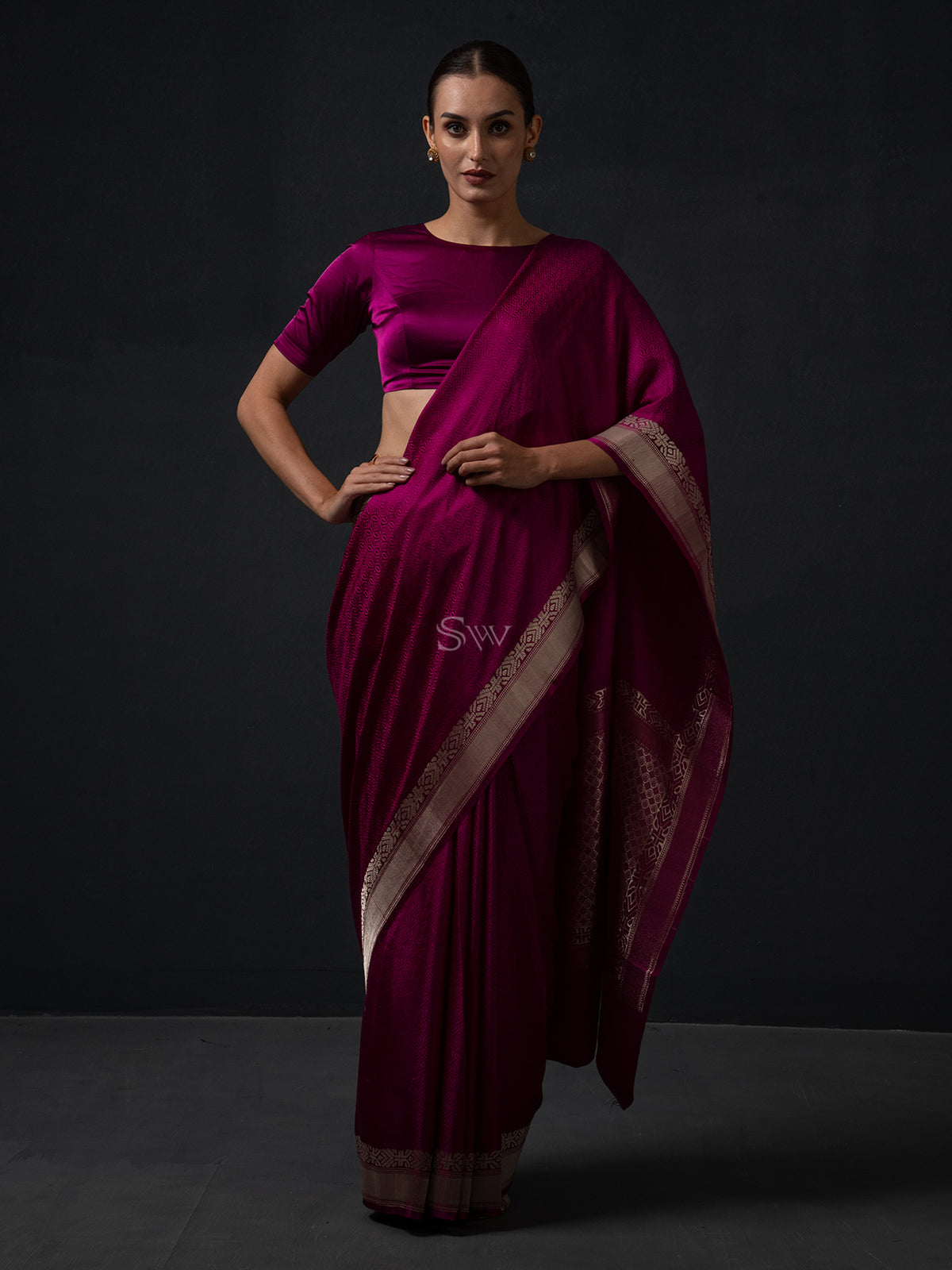 Dark Magenta Satin Tanchoi Handloom Banarasi Saree - Sacred Weaves