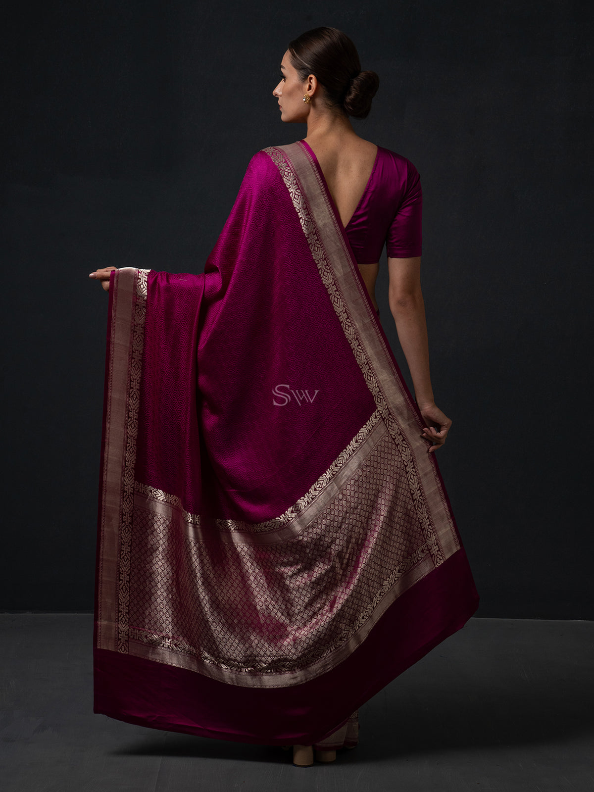 Dark Magenta Satin Tanchoi Handloom Banarasi Saree - Sacred Weaves