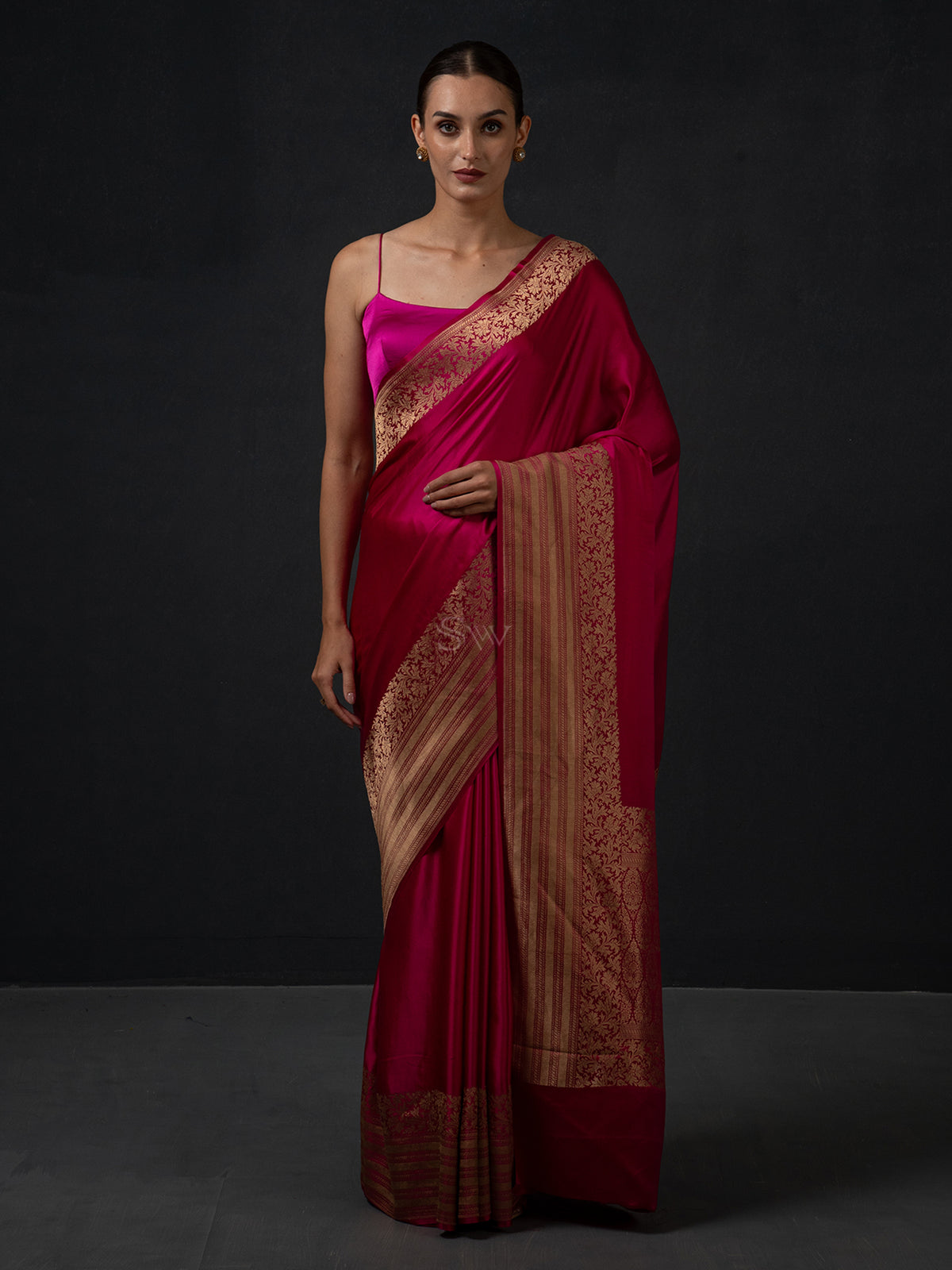 Magenta Plain Satin Silk Handloom Banarasi Saree - Sacred Weaves