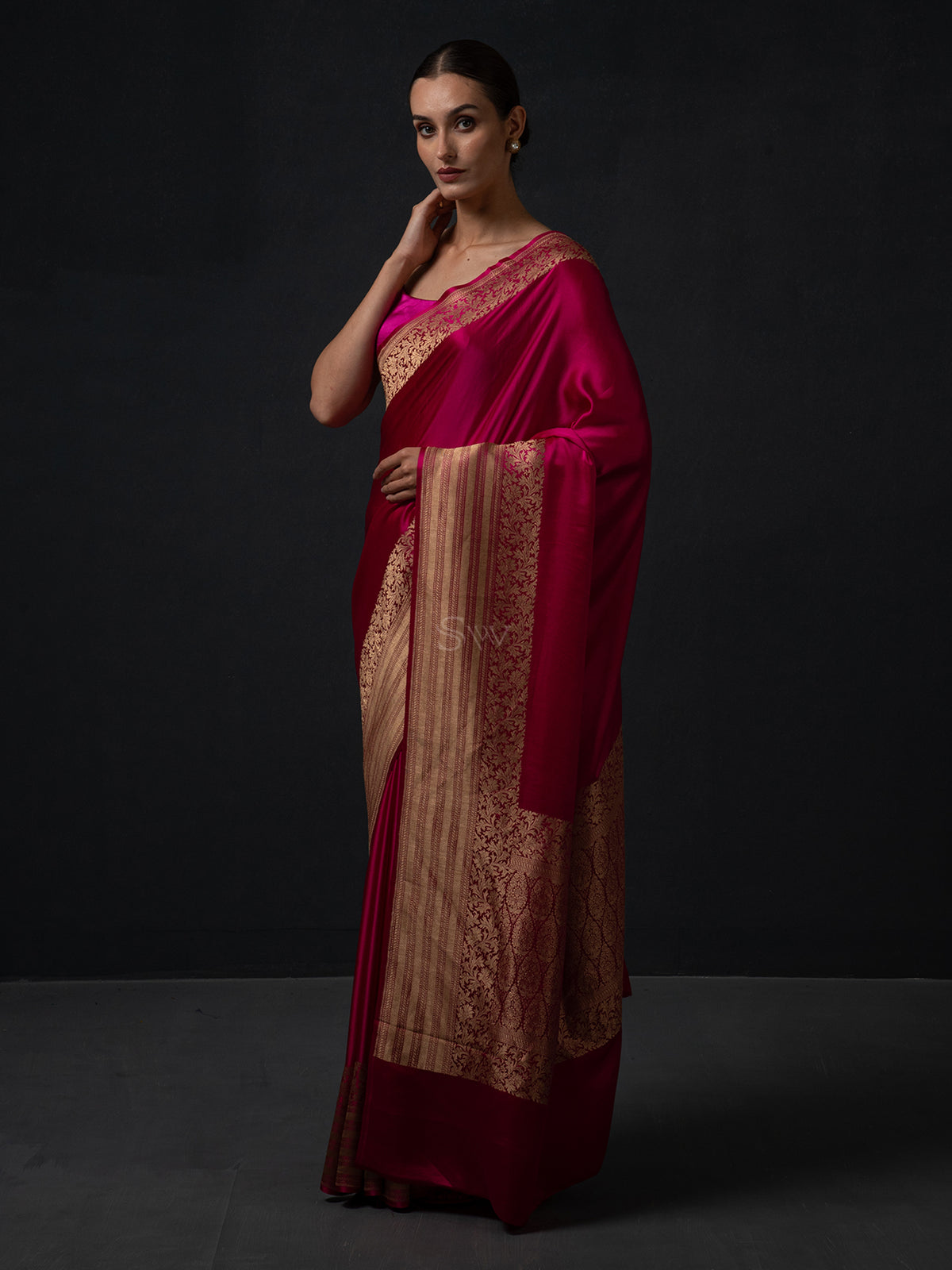 Magenta Plain Satin Silk Handloom Banarasi Saree - Sacred Weaves