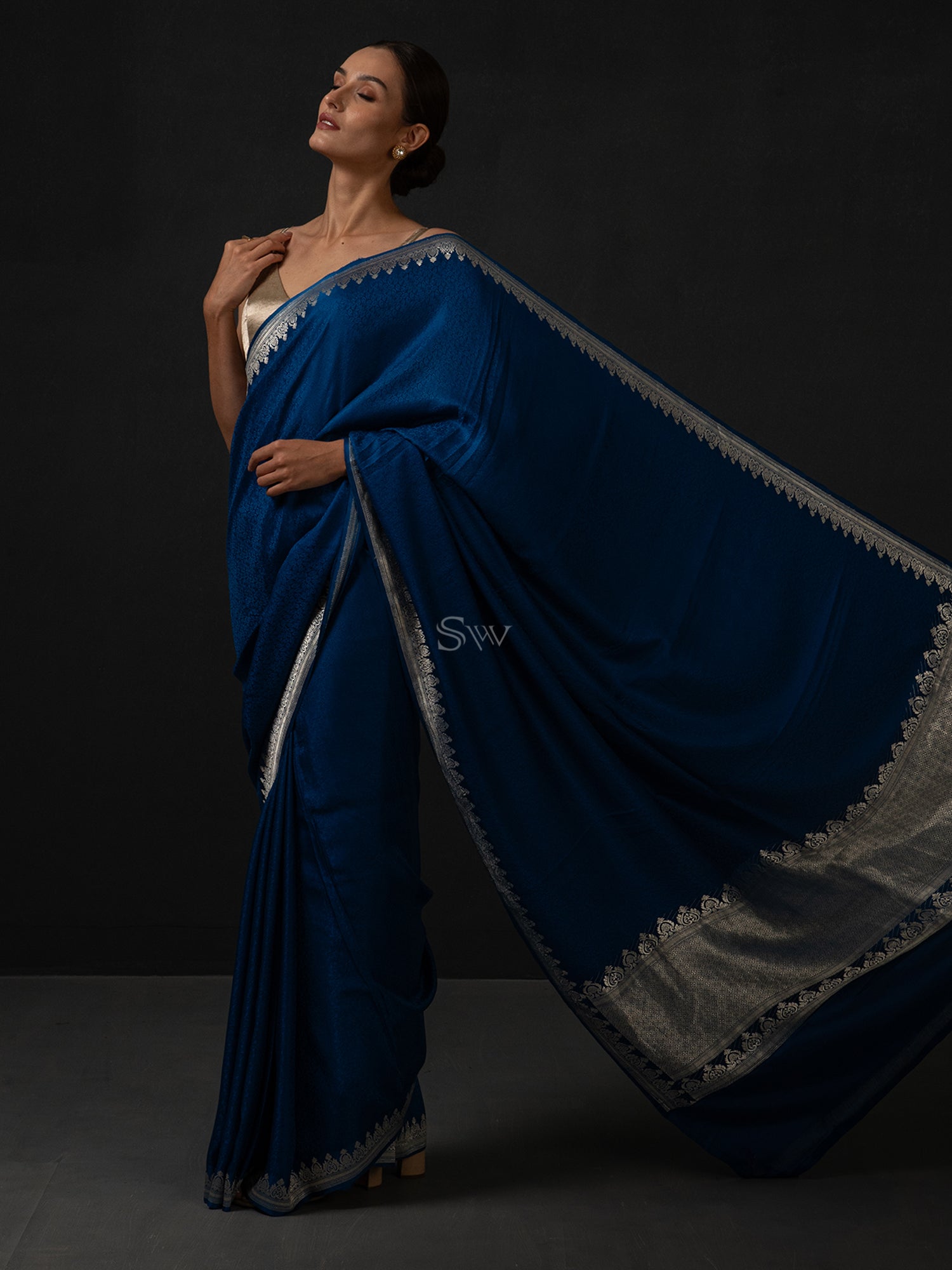 Midnight Blue Satin Tanchoi Handloom Banarasi Saree - Sacred Weaves