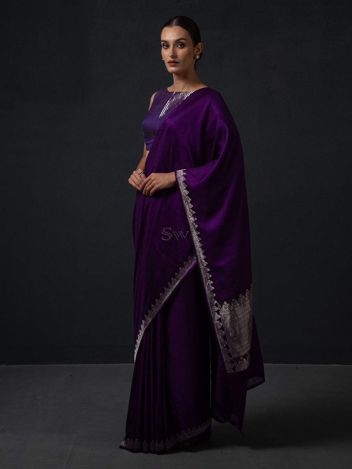 Dark Purple Satin Tanchoi Handloom Banarasi Saree - Sacred Weaves