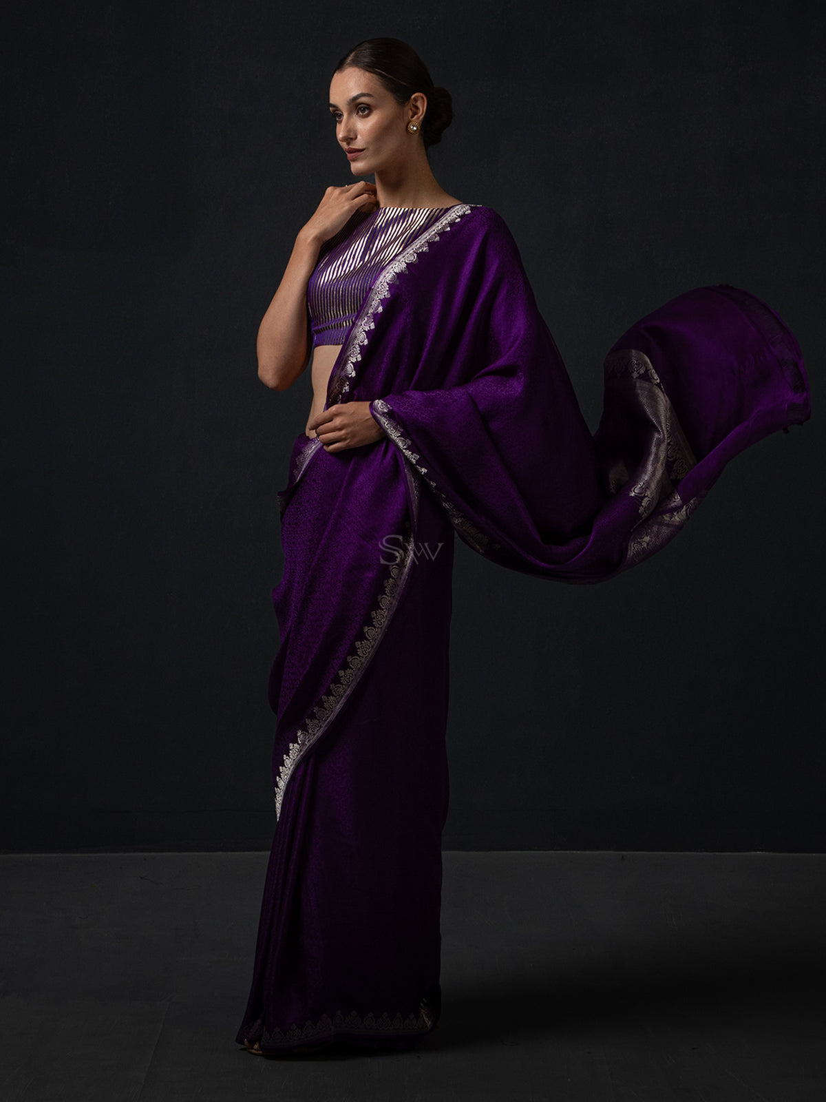 Dark Purple Satin Tanchoi Handloom Banarasi Saree - Sacred Weaves