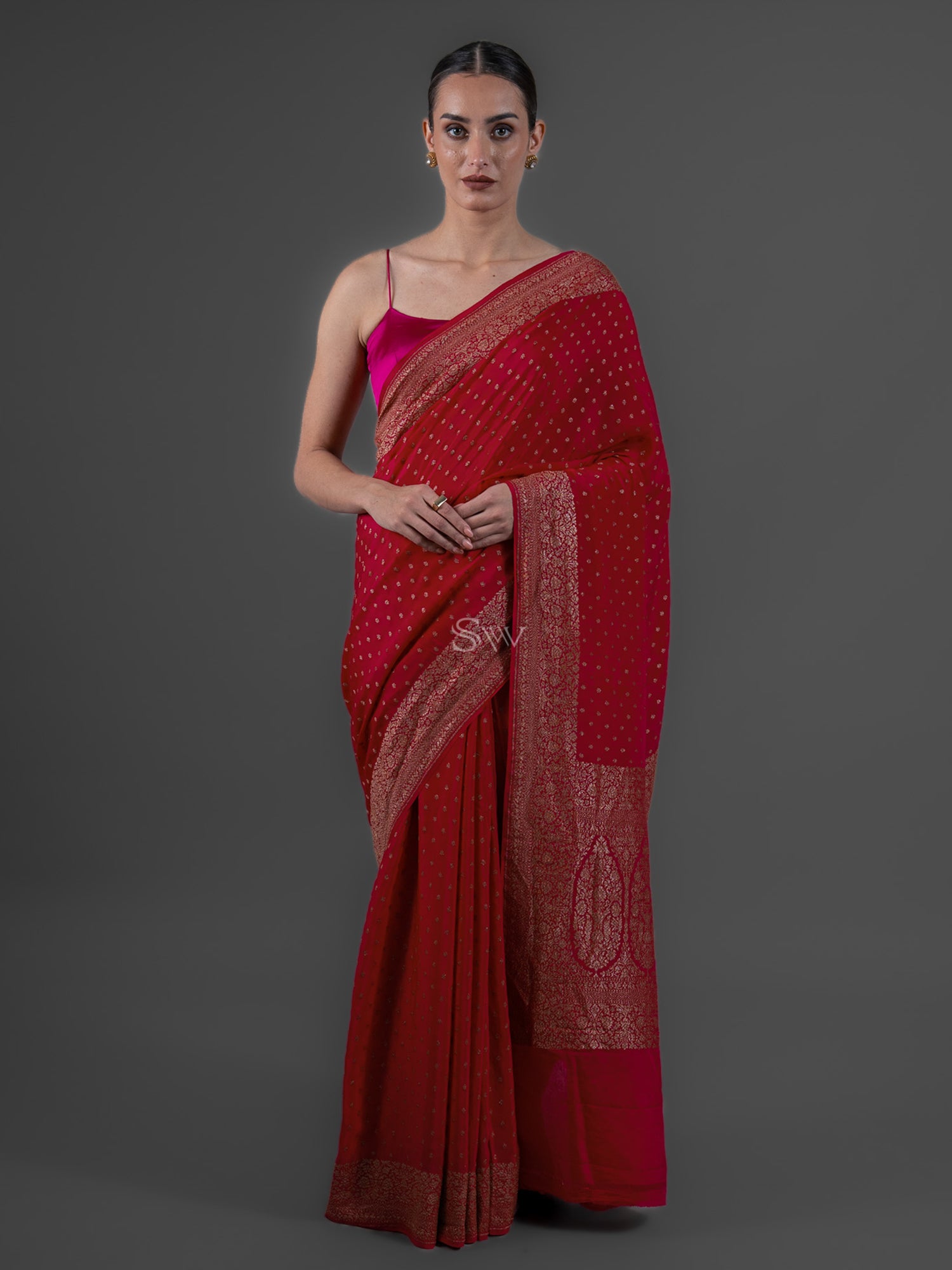 Maroon Booti Crepe Silk Handloom Banarasi Saree - Sacred Weaves