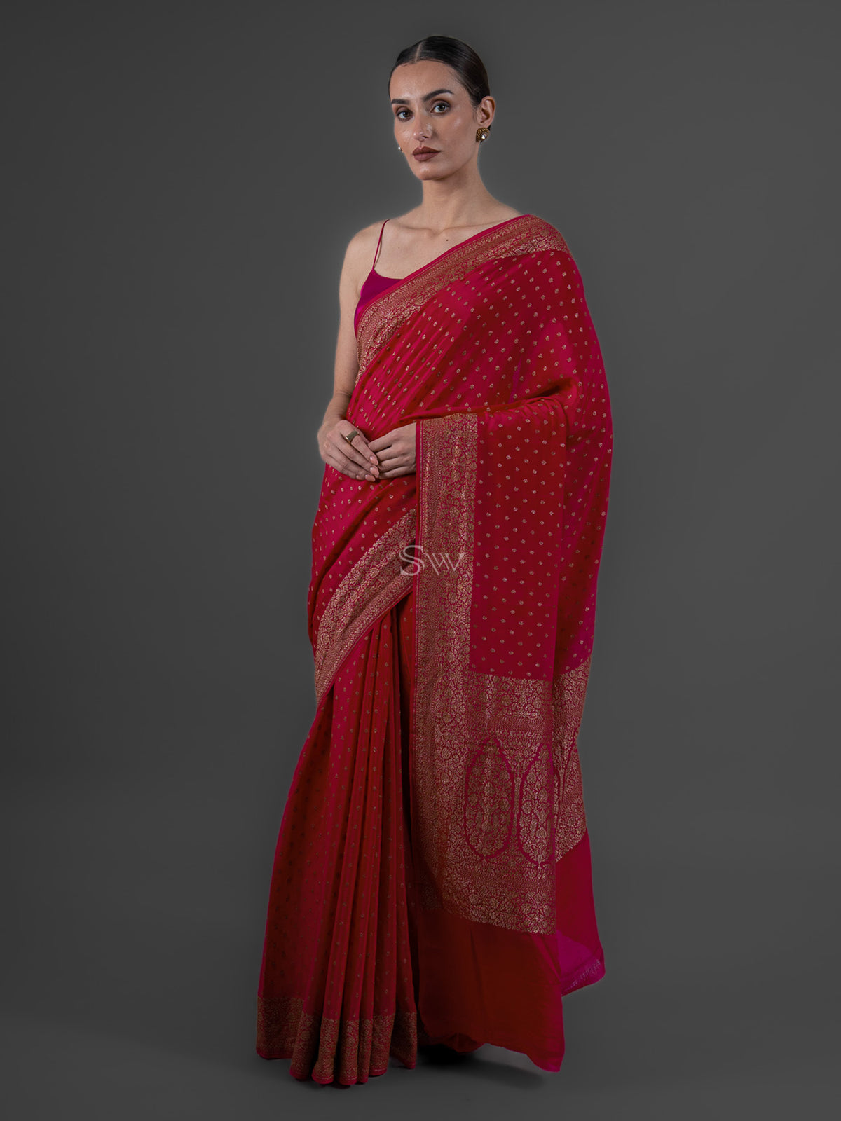 Maroon Booti Crepe Silk Handloom Banarasi Saree - Sacred Weaves