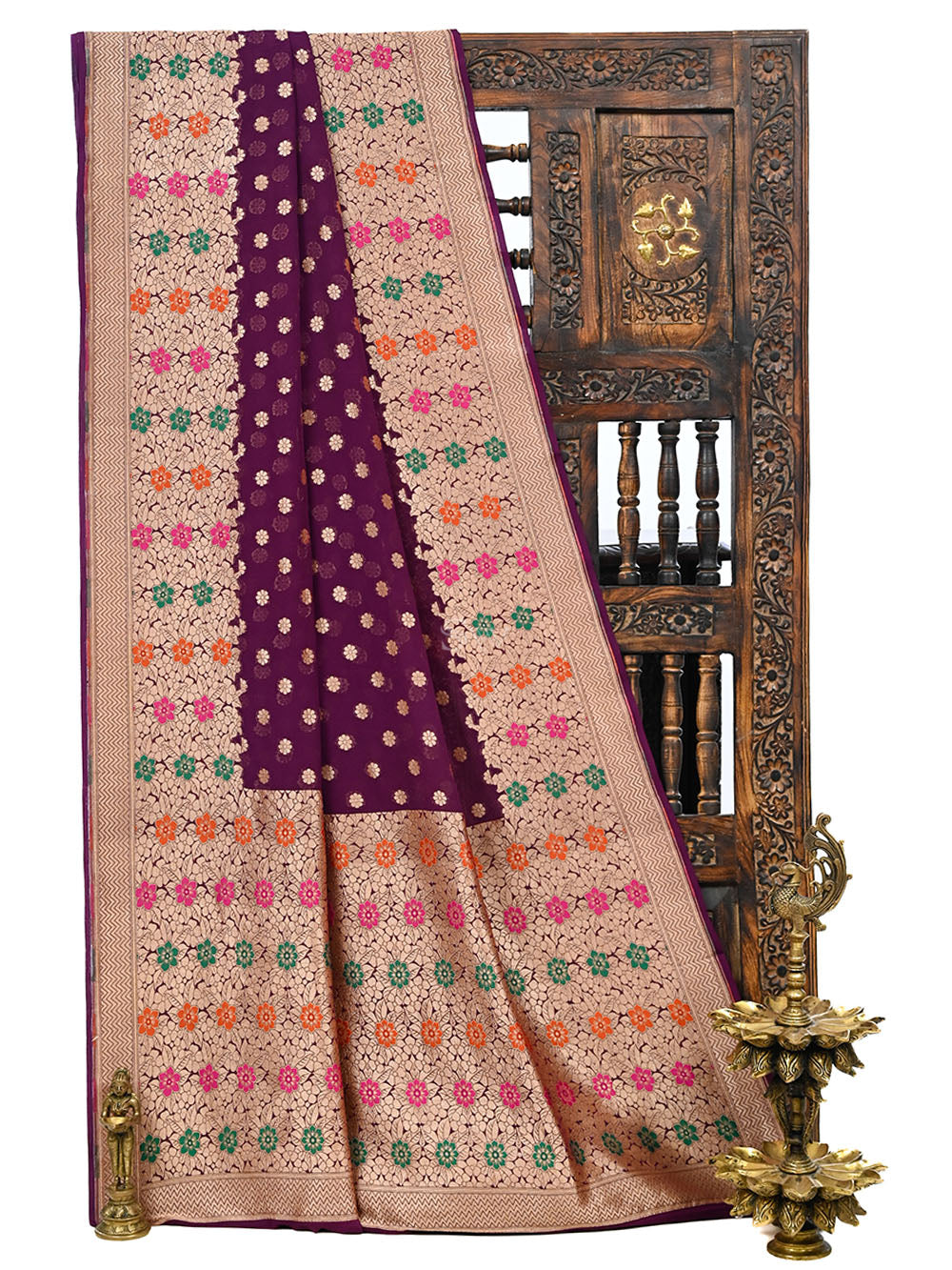 Purple Booti Khaddi Georgette Handloom Banarasi Saree - Sacred Weaves