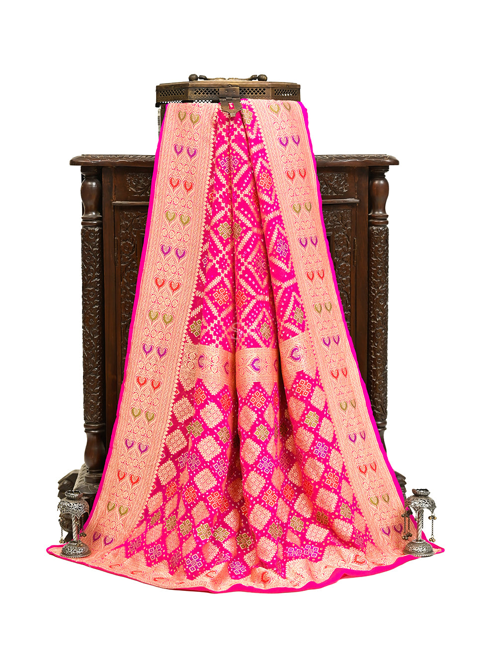 Magenta Bandhani Khaddi Georgette Handloom Banarasi Saree - Sacred Weaves