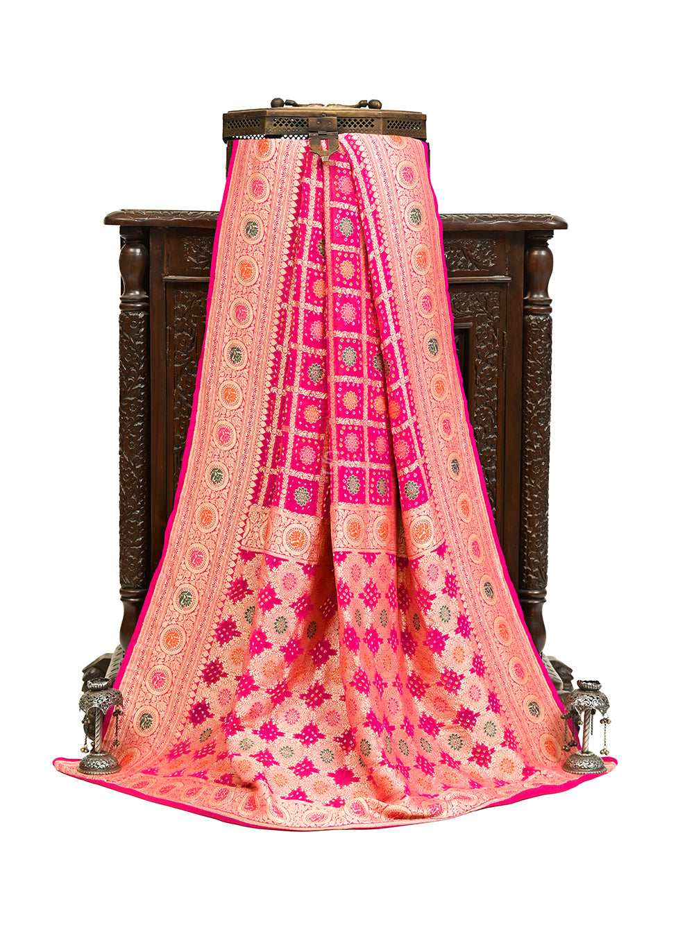 Magenta Bandhani Khaddi Georgette Handloom Banarasi Saree