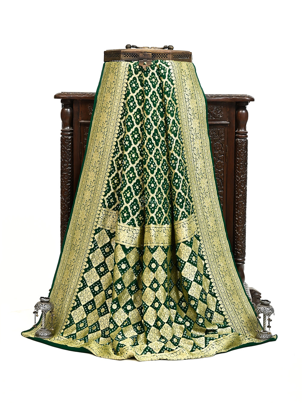 Bottle Green Bandhani Khaddi Georgette Handloom Banarasi Saree - Sacred Weaves