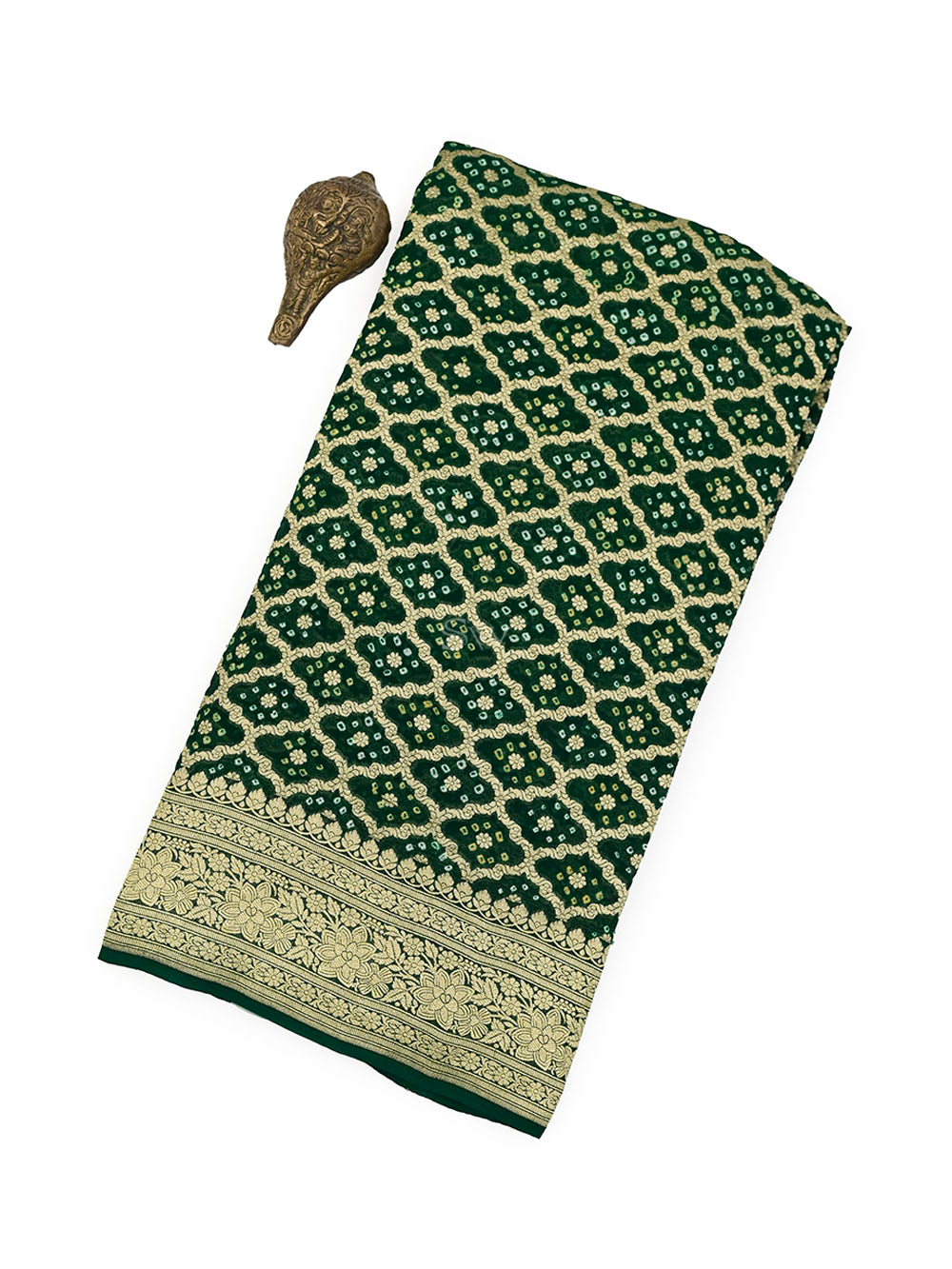 Bottle Green Bandhani Khaddi Georgette Handloom Banarasi Saree