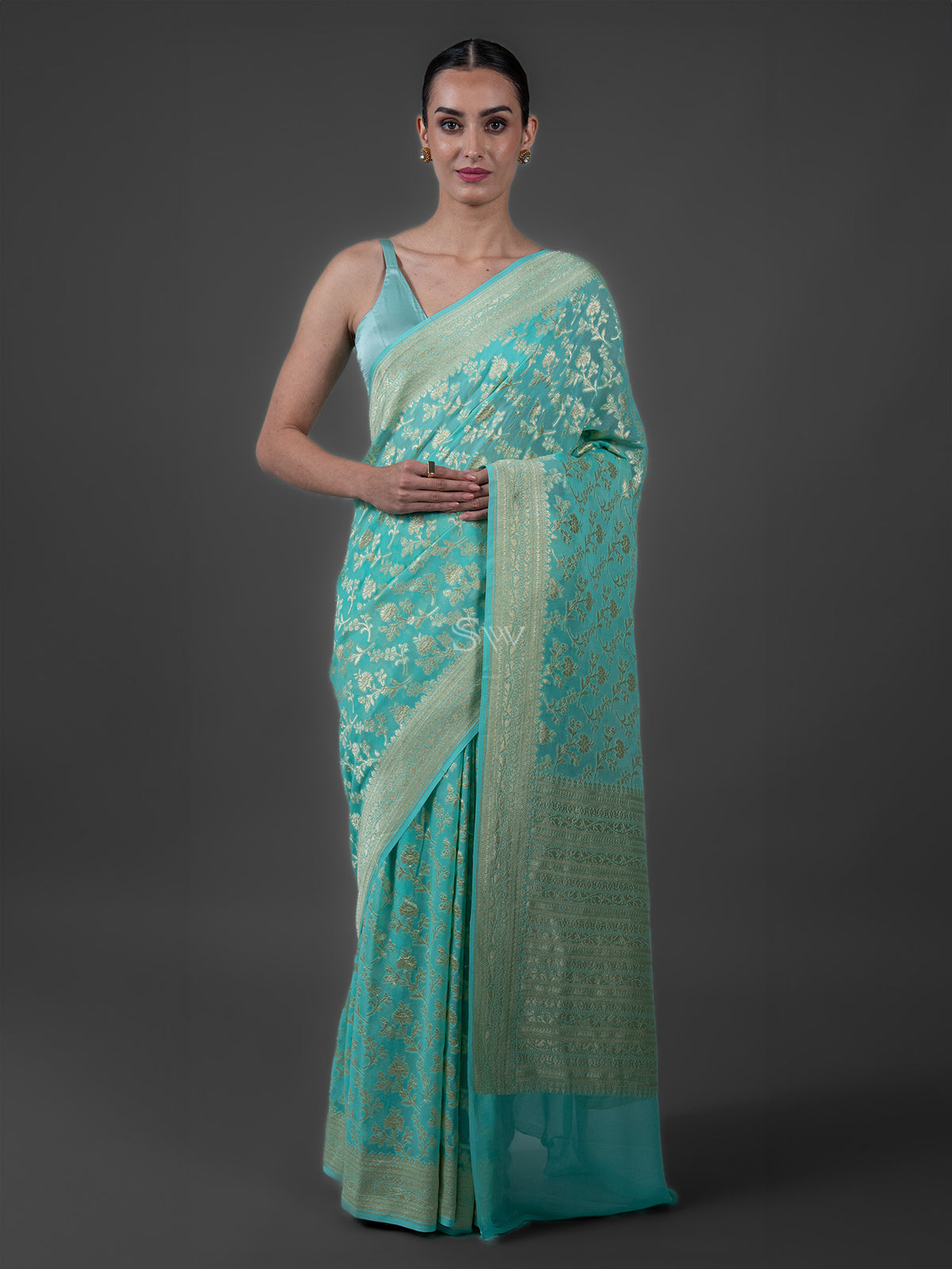 Sea Green Jaal Khaddi Georgette Handloom Banarasi Saree