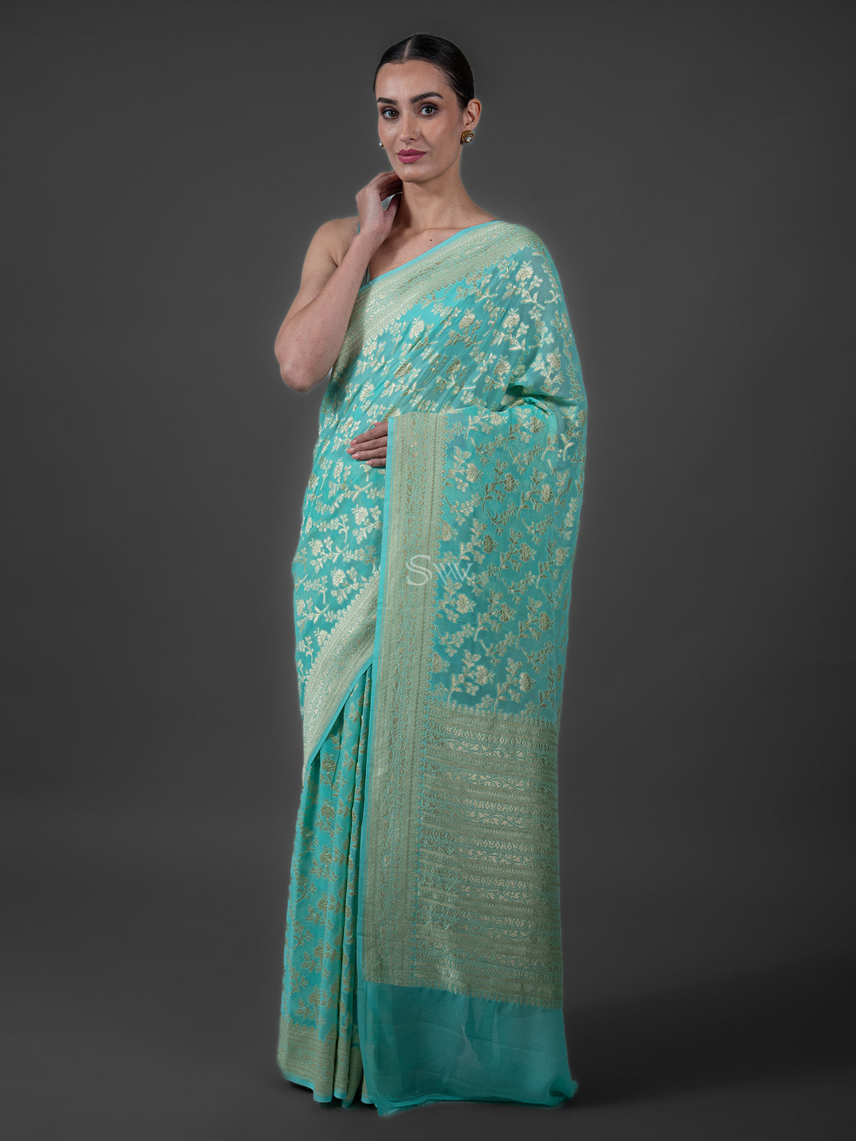 Sea Green Jaal Khaddi Georgette Handloom Banarasi Saree