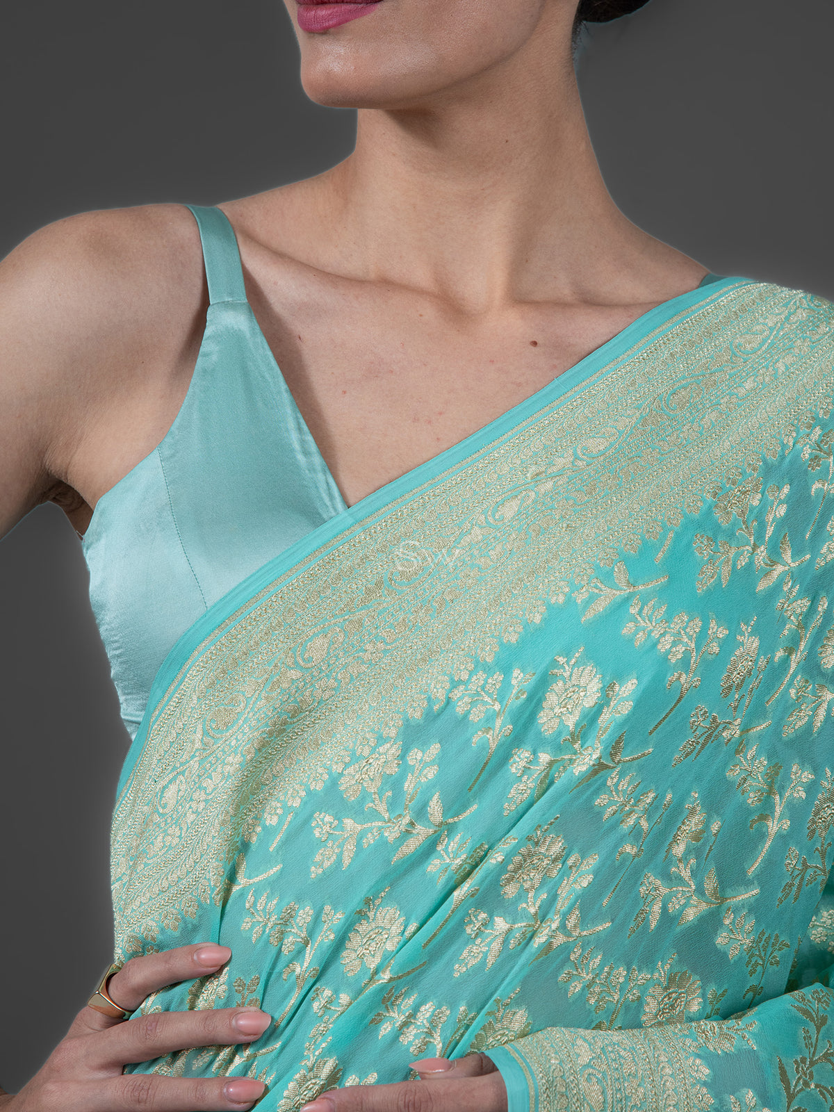 Sea Green Jaal Khaddi Georgette Handloom Banarasi Saree