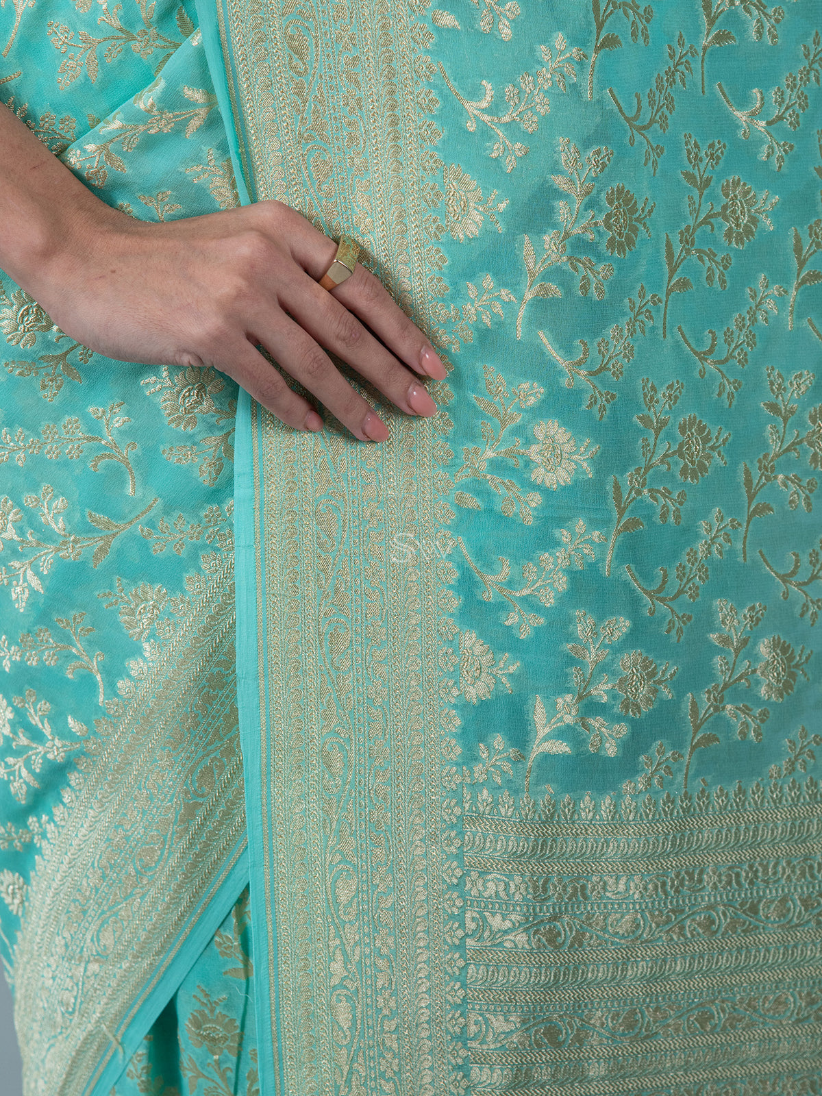 Sea Green Jaal Khaddi Georgette Handloom Banarasi Saree