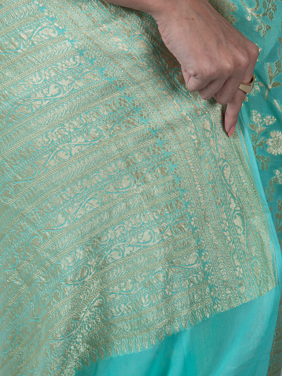 Sea Green Jaal Khaddi Georgette Handloom Banarasi Saree