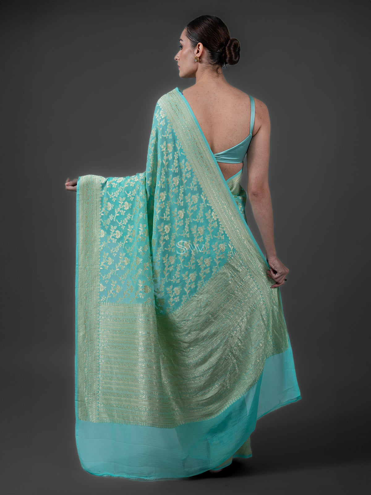 Sea Green Jaal Khaddi Georgette Handloom Banarasi Saree