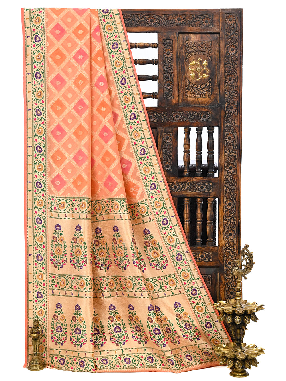 Peach Paithani Rangkat Khaddi Georgette Handloom Banarasi Saree - Sacred Weaves