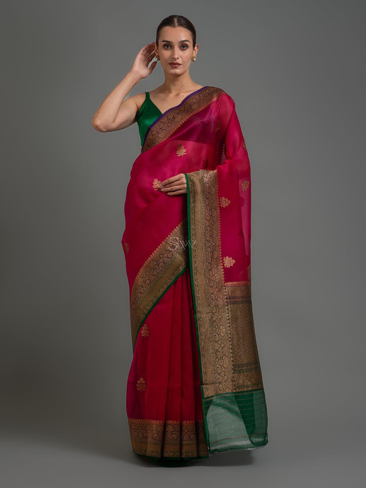 Magenta Boota Organza Silk Handloom Banarasi Saree - Sacred Weaves