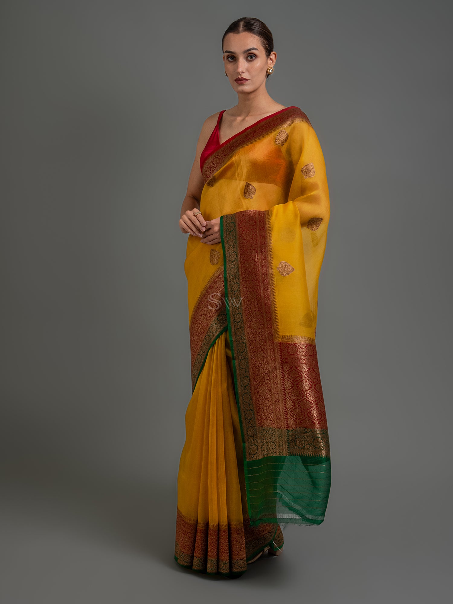 Mustard Boota Organza Silk Handloom Banarasi Saree - Sacred Weaves