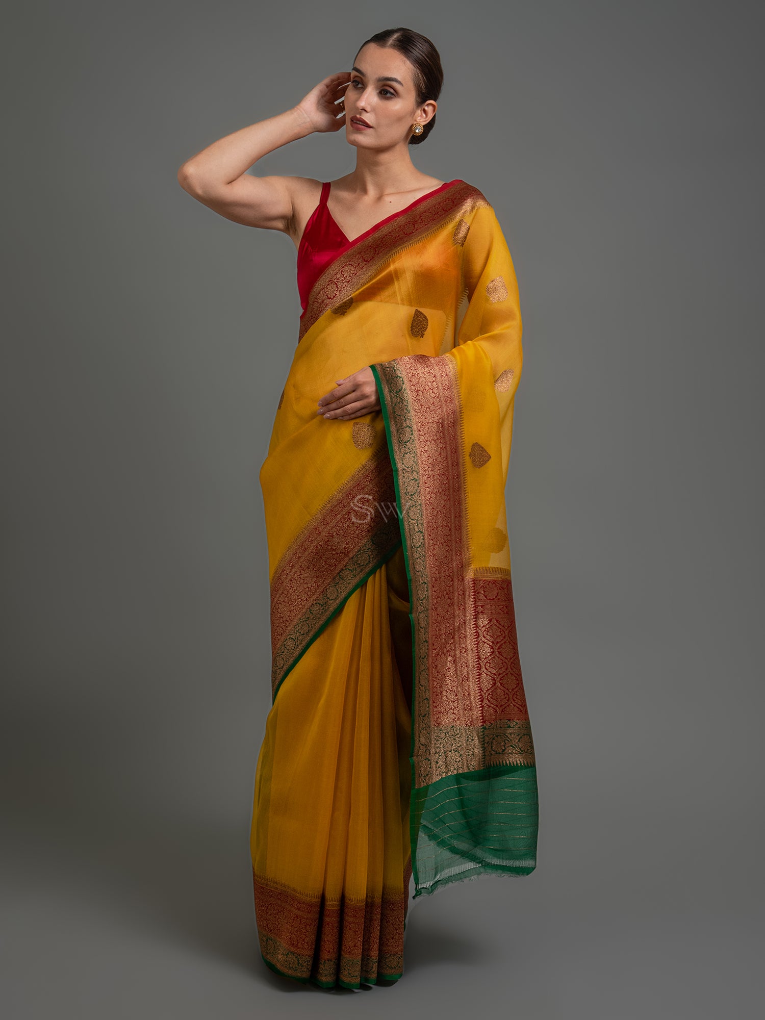 Mustard Boota Organza Silk Handloom Banarasi Saree - Sacred Weaves